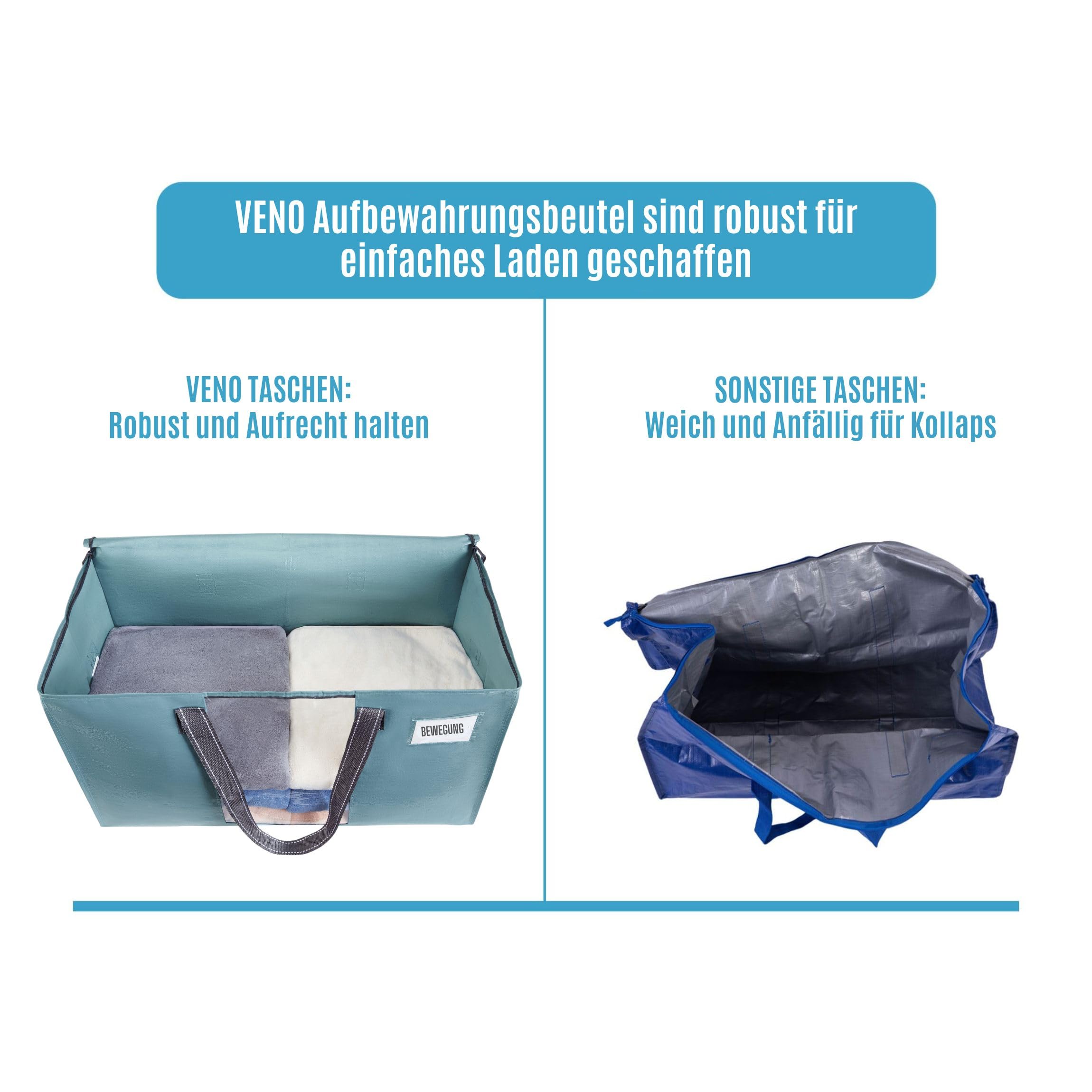 VENO 4er-Pack Umzugstaschen XXL(87 Liter) mit Sichtfenster, Faltbare Aufbewahrungstasche, Starke Griffe & Reißverschluss, Alternative zu Umzugskartons für Kleidung,Hellblau