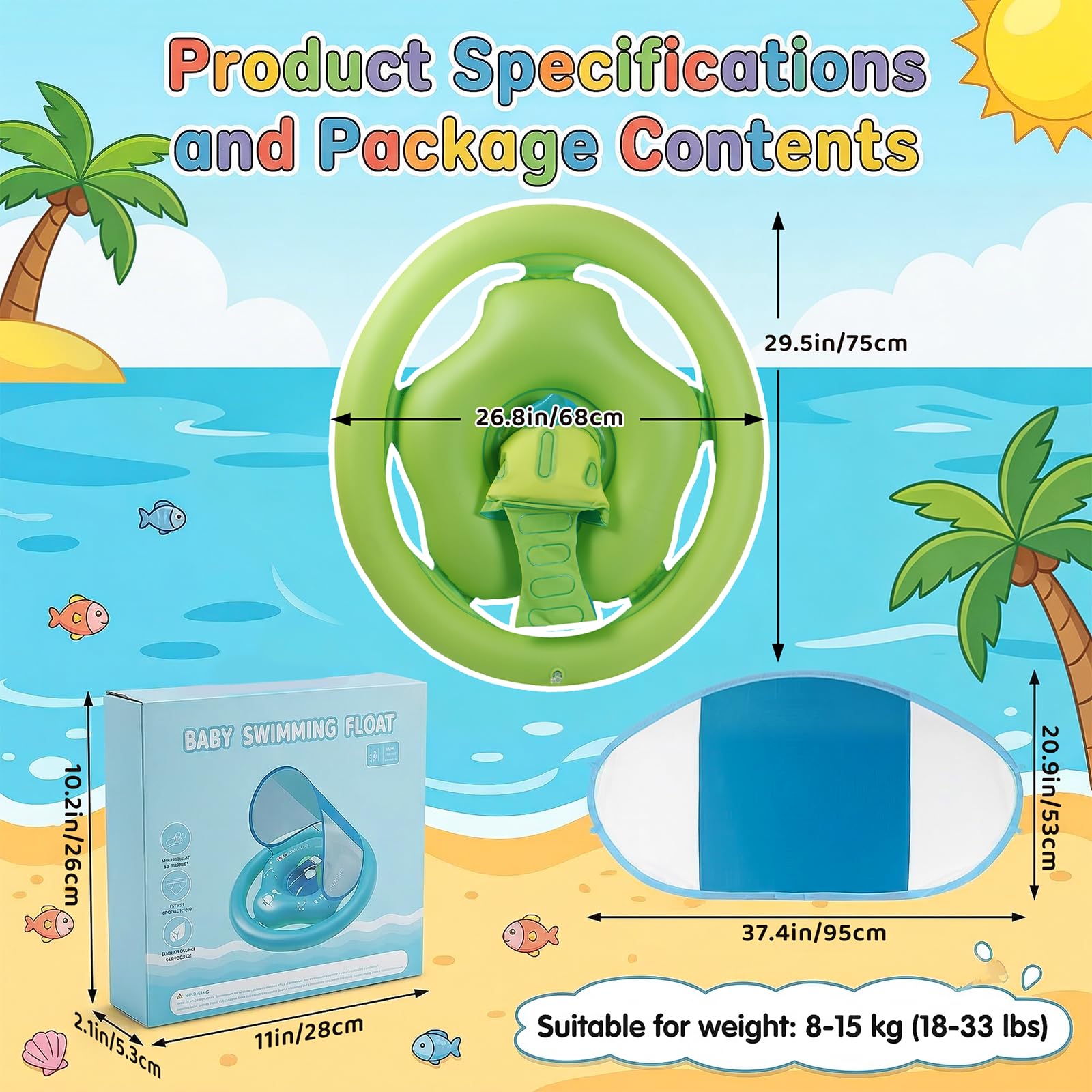 Flotador para Bebés con Parasol Extraíble UPF50+ Flotador para niños de 1 a 3 años (12 a 36 Meses). Asiento de Natación, Piscina Infantil, Juguete de Ayuda para Nadar, Flotador de Piscina.