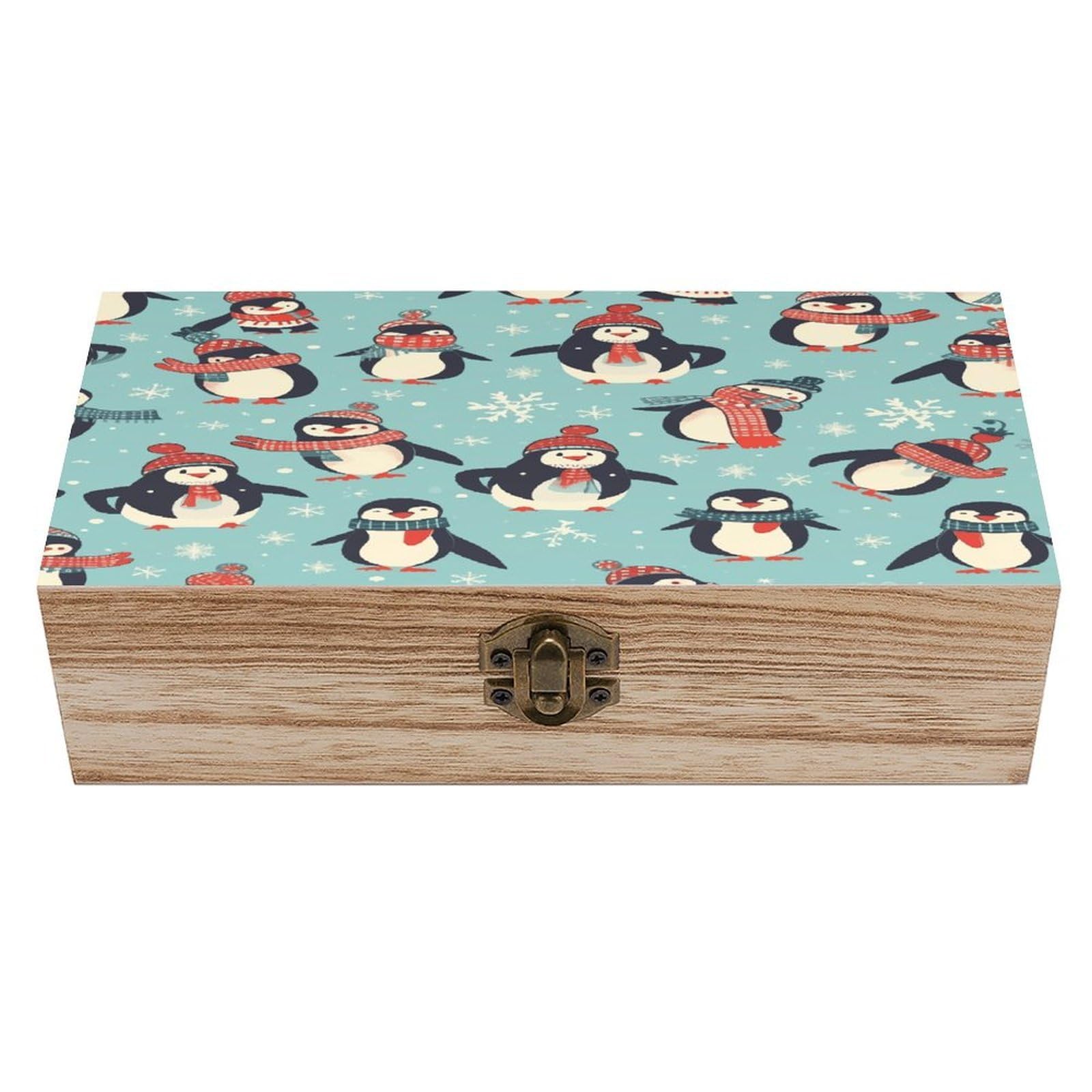 VstaDank Winter Christmas Penguins Wooden Keepsake Box with Hinged Lid Solid Wood Gift Boxes Beautifully Keepsake Box Jewellery Organiser Retro Memory Treasure Case with Lids Decorative Boxes