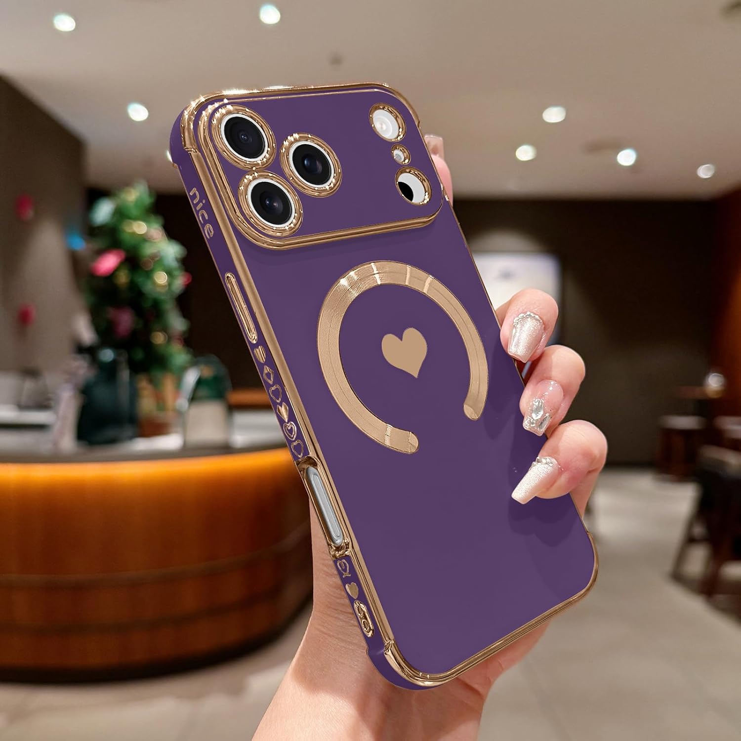 Magnetic Case for iPhone 17 Pro Max Women Girls Luxury Plating Cute Love Heart Soft Back Cover Full Camera Lens Protection Compabtible with MagSafe for iPhone 17 Pro Max Case Dark Purple - Image 6