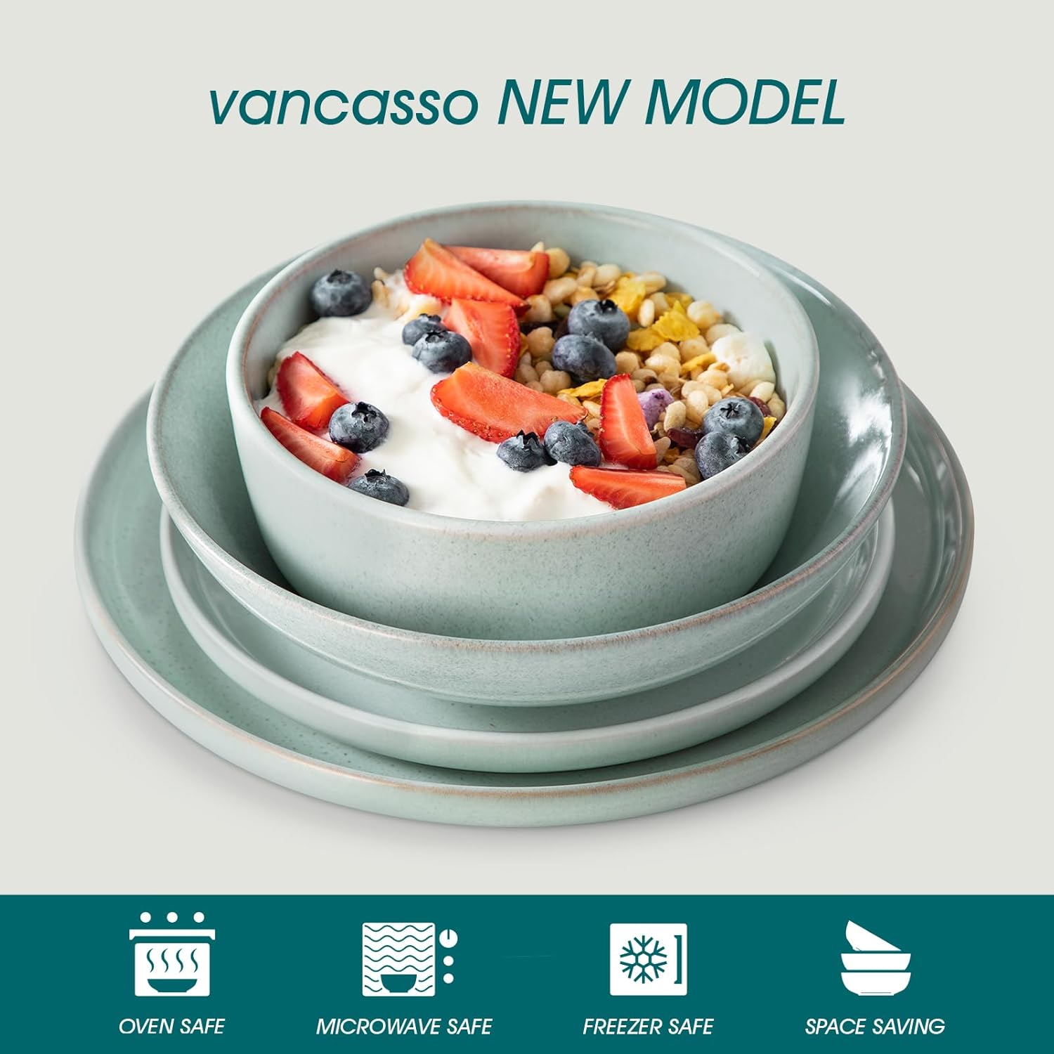 vancasso ANYA 24 Pieces Plates and Bowls Set, Mint Green Dinnerware Sets, Reactive Glaze Dishes Set for 6, Ceramic Dishware Sets Kitchen Dinner Set, Microwave & Dishwasher Safe
