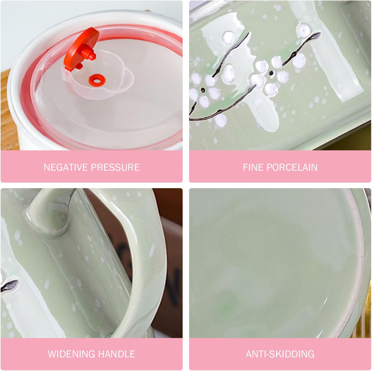 Soup Bowls with Lids and Handles|2Pcs Soup Bowls with Handles, 800ml/28oz Sealing Heat-Resistant Microwave Mug with Lid Floral Wintersweet Ceramic Travel Mug for Ramen, Noodle, Porridge