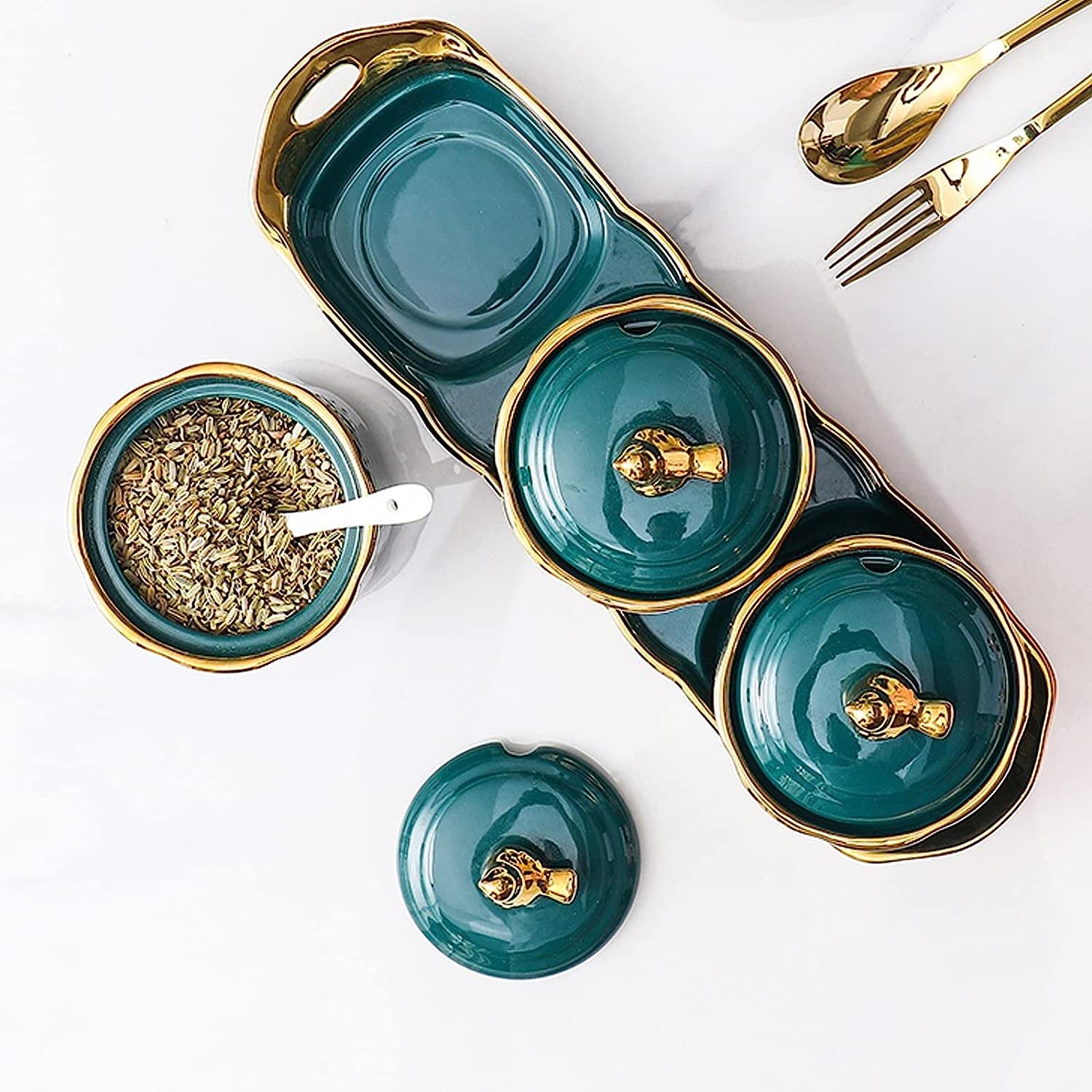 Scatola per condimenti Barattoli per spezie in ceramica Zuccheriera Barattoli per condimenti con coperchio Cucchiaio e vassoio Contenitore per cucina, Motivo in rilievo in stile europeo, Set di 3