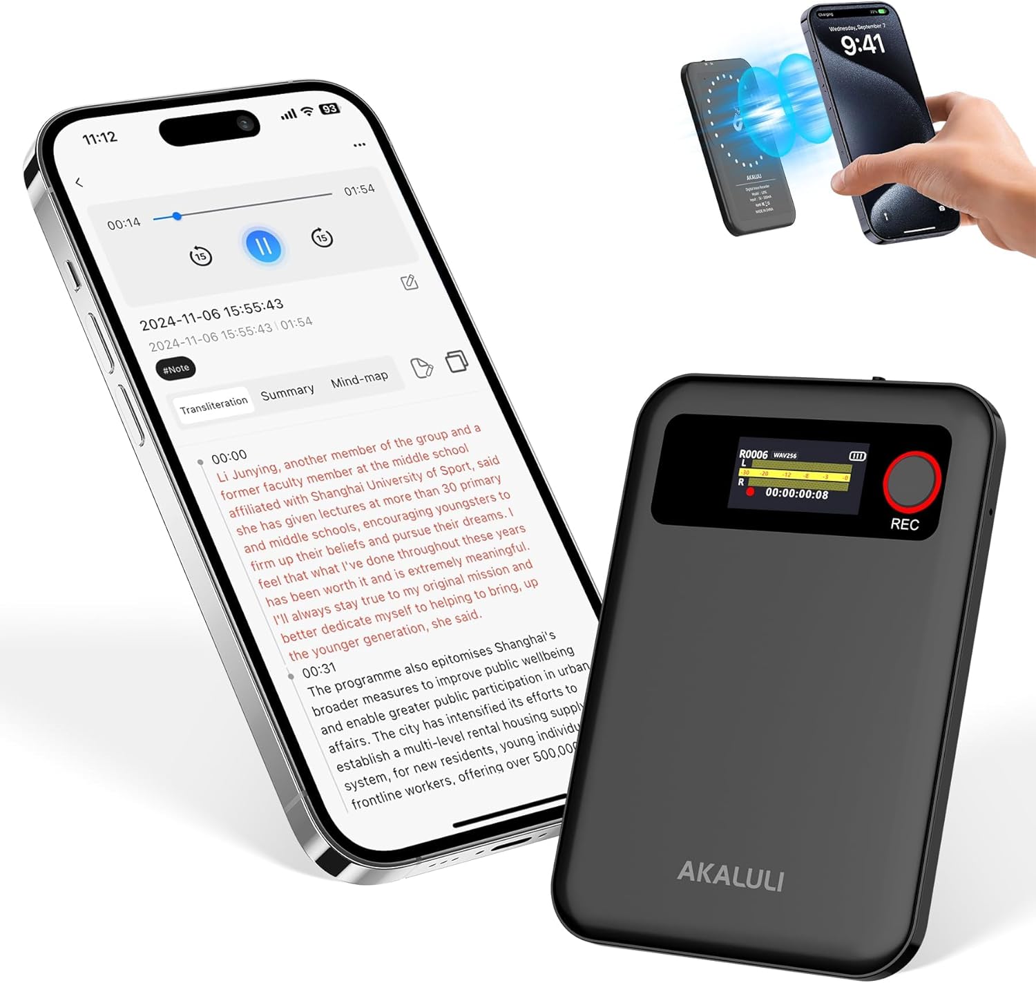 Front view of the AKALULI AI Voice Recorder next to a smartphone displaying the companion app.