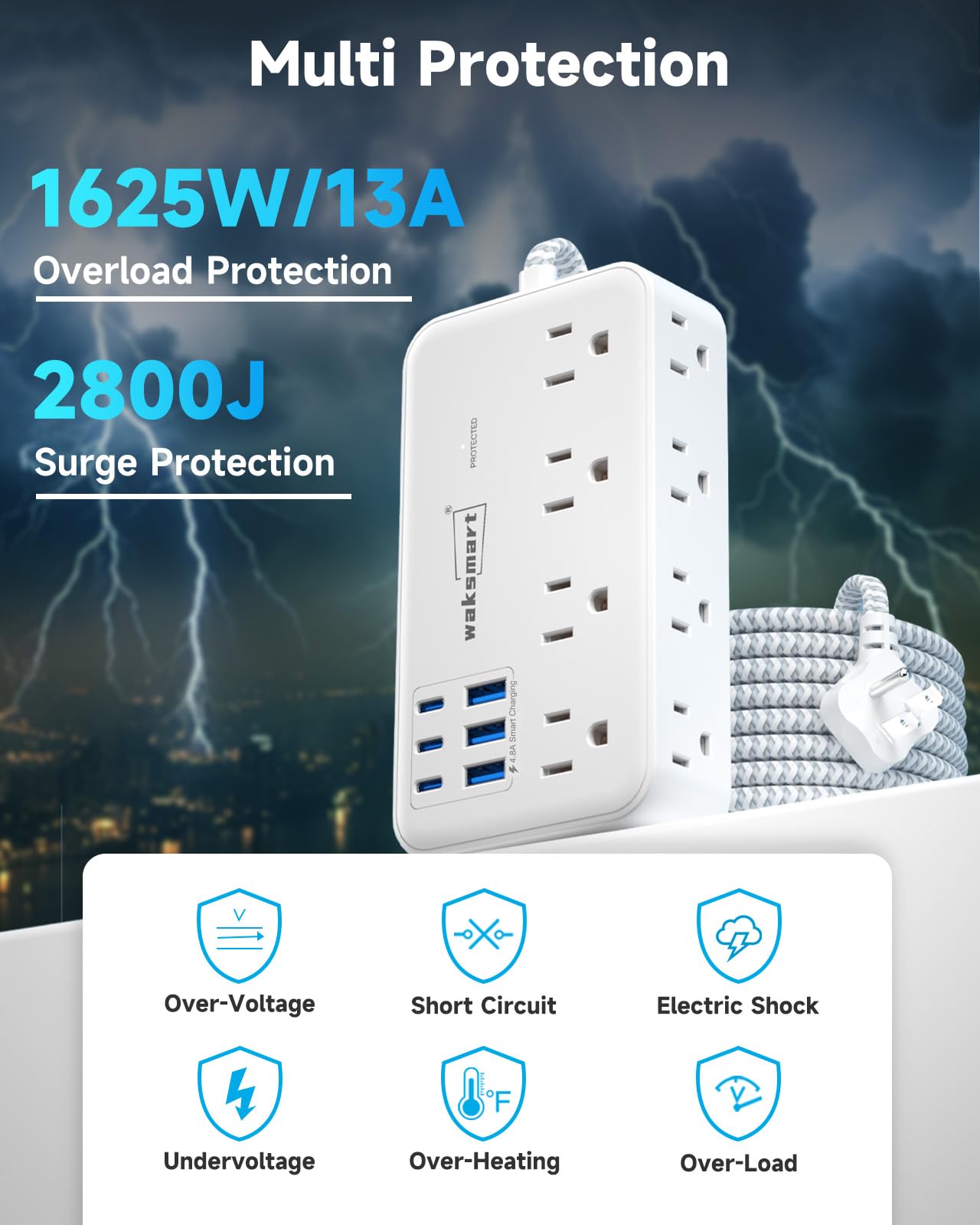 Waksmart - Steckdosenleiste mit Überspannungsschutz (2800J), 8 AC-Steckdosen mit 6 USB-Anschlüssen 4.8A/24W Ladestation für iPhone 15 Serie, 1,5 m flaches Verlängerungskabel, Stecker