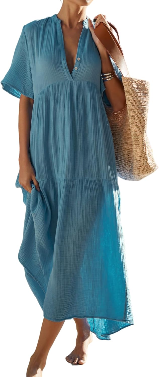 R.Vivimos Womens Summer Cotton Flowy Maxi Dress Short Sleeve V Neck Empire Waist Boho Tiered Ruffle Casual Loose Long Dresses