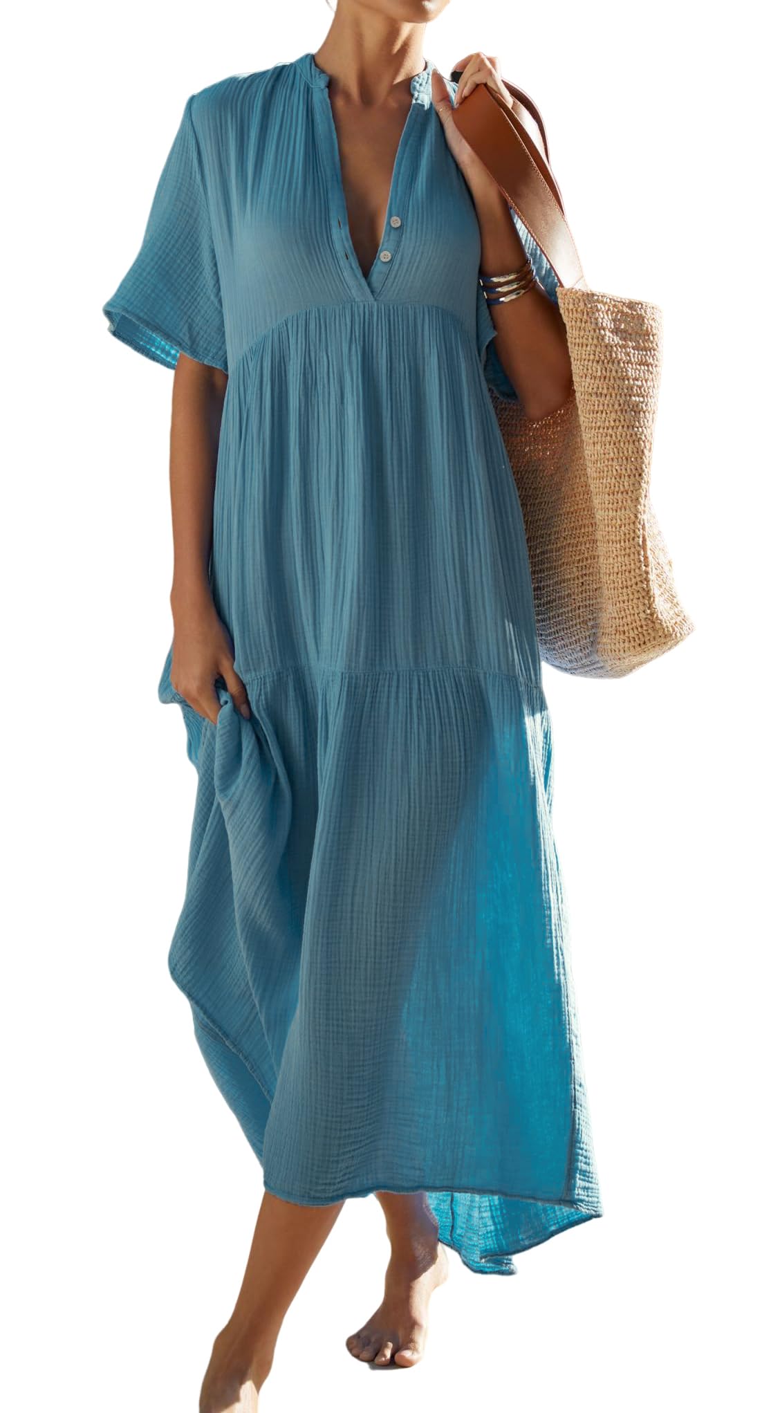 Womens Summer Cotton Casual Flowy Maxi Dress