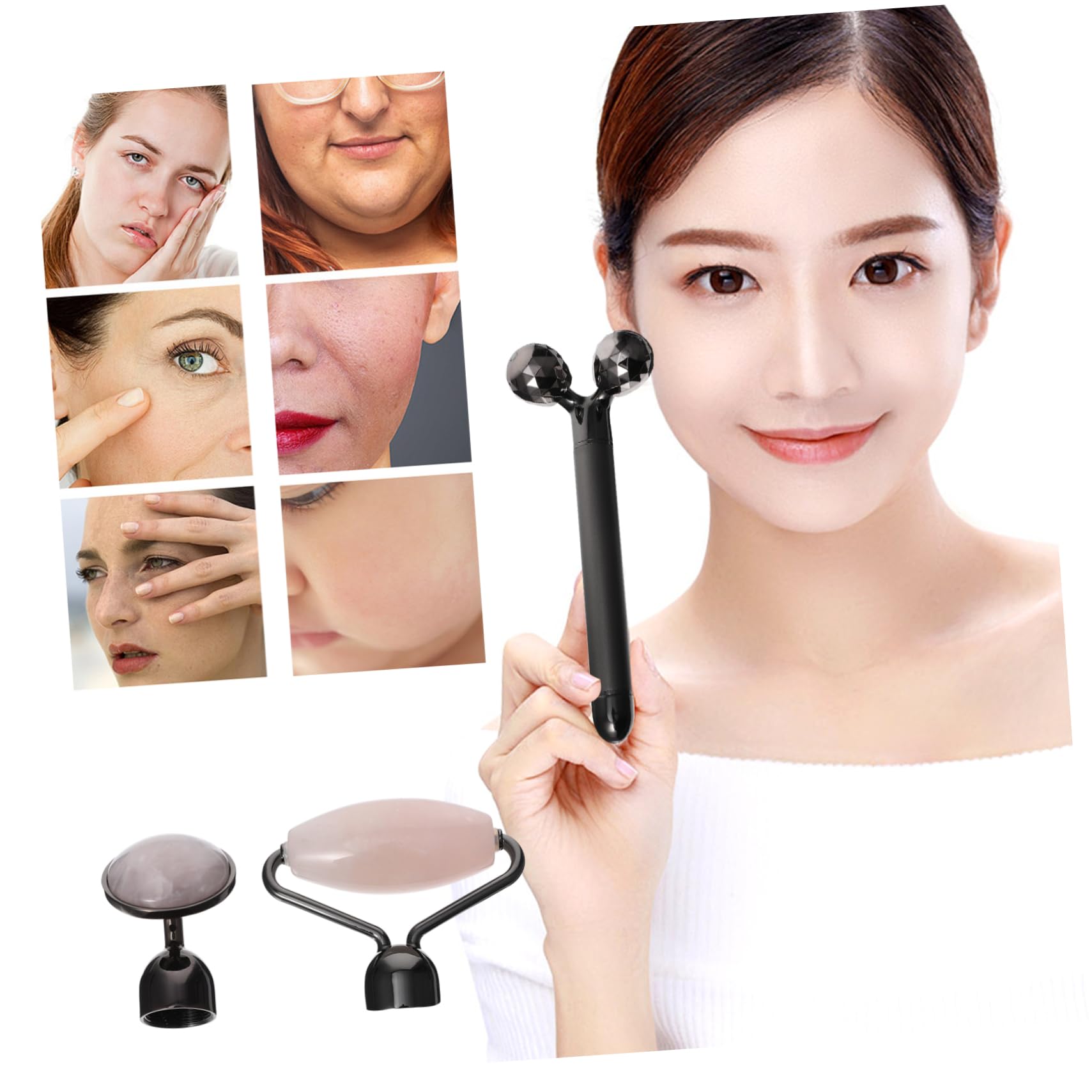 3-in-1 Jade Gesichtsroller aus Jademehl Kristall, Schwarz