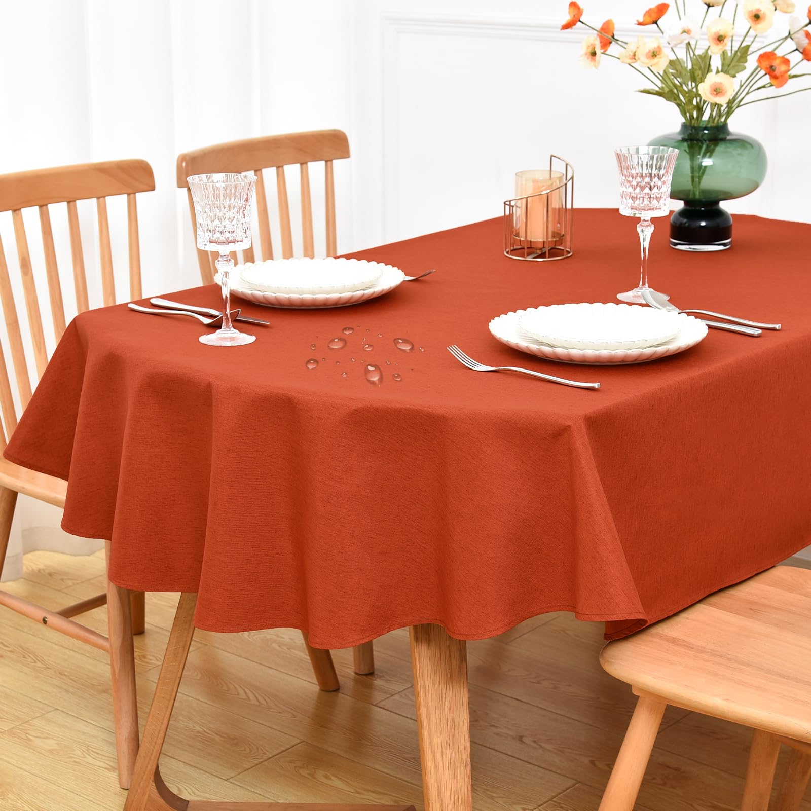 NEWISHER Farmhouse Water Resistant Oval Tablecloth 178x230 cm (70x90 inch), Faux Linen Table Cloth Wipe Clean, Washable Table Cover for Kitchen Dining, Party, Banquet Indoor Outdoor (Rust)