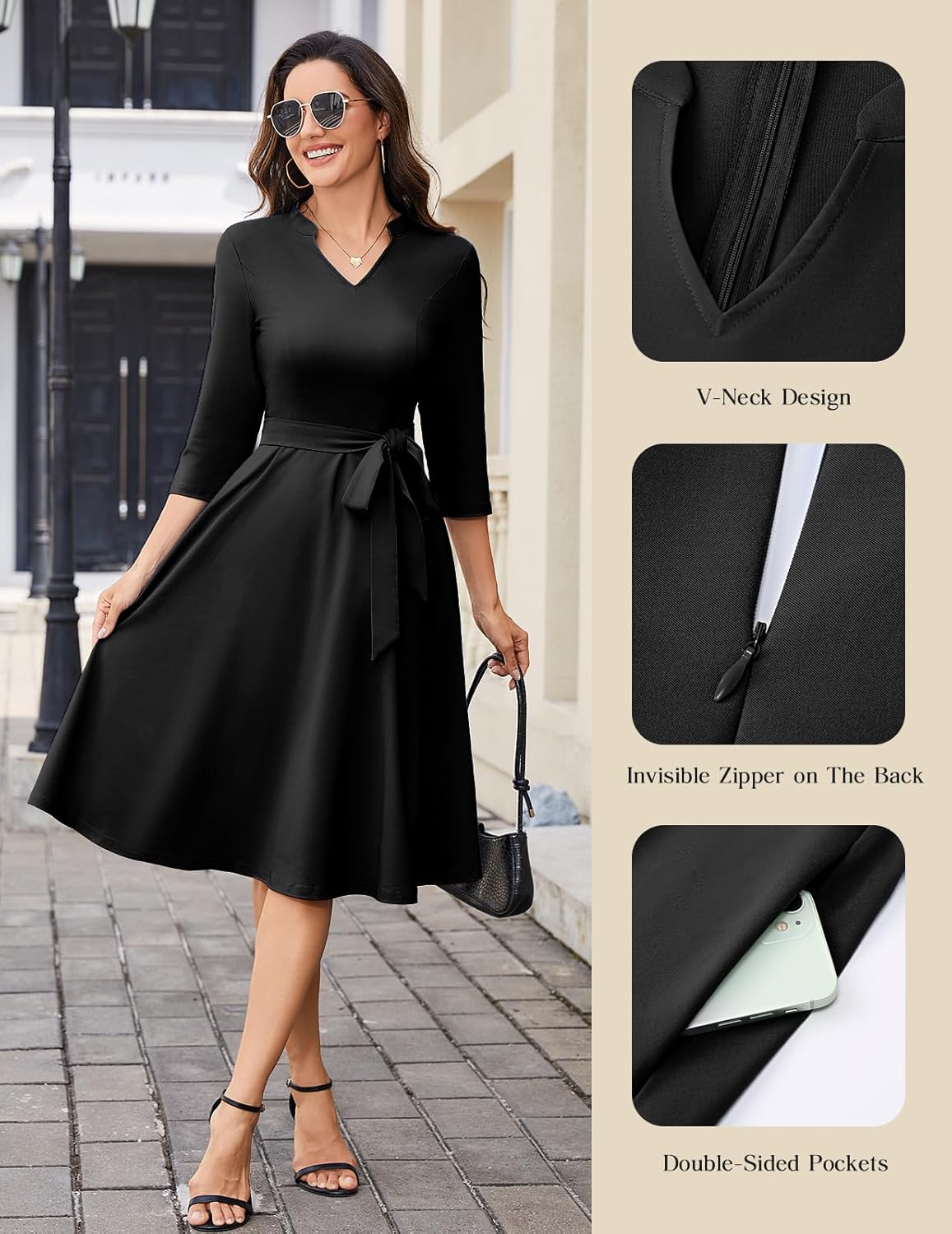 HomRain Elegant Long Sleeve Church Dress for Women V-Neck A-Line Swing Cocktail Causal Dress with Pockets - Image 5