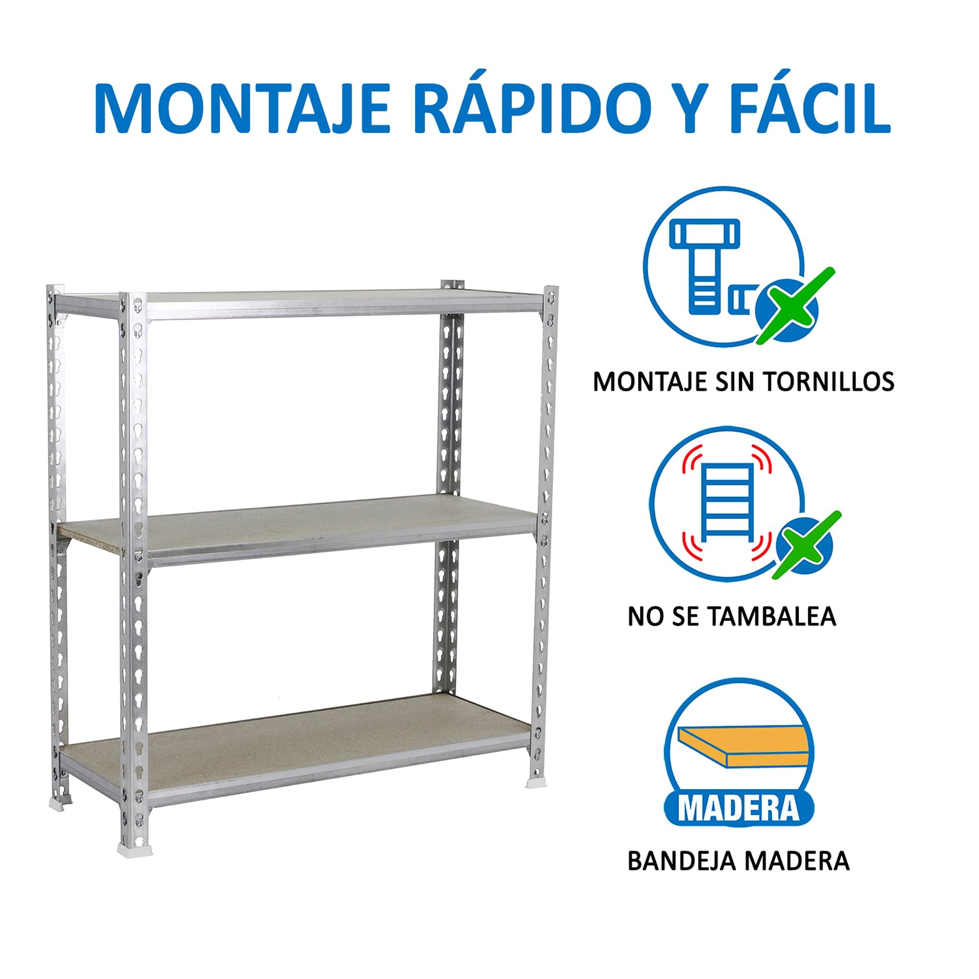 Simon Rack Scaffale Metallo Garage, 3 Ripiani Legno, 150 kg di Punto di Flessione, 900x1000x300 mm, Scaffale Garage, Senza Viti, Zincato/Legno - Maderclick