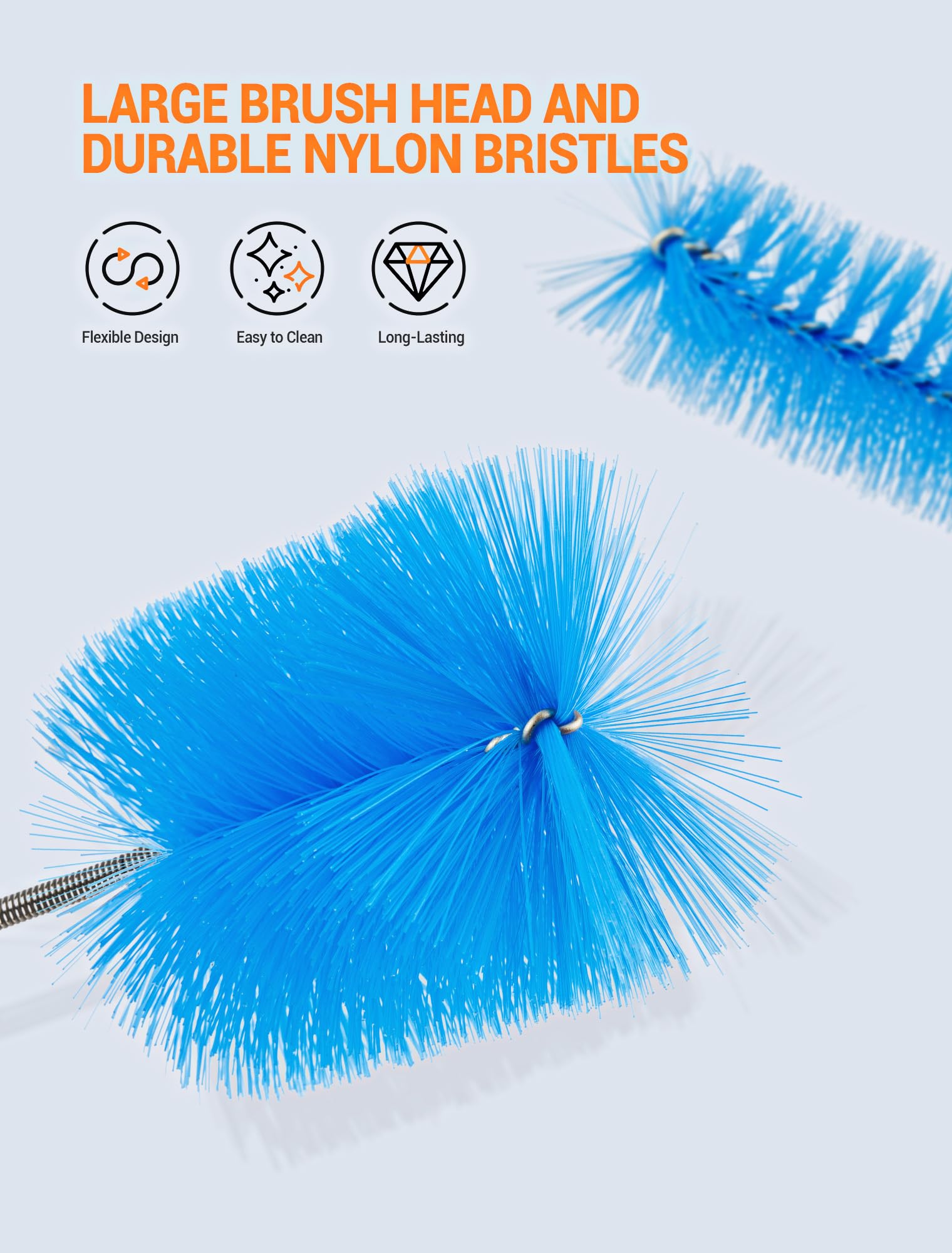 EVOULTES Cepillo de Drenaje Flexible 66 Pulgadas, Cabezal Grande, Extremos de Nailon Dobles, Acero Inoxidable