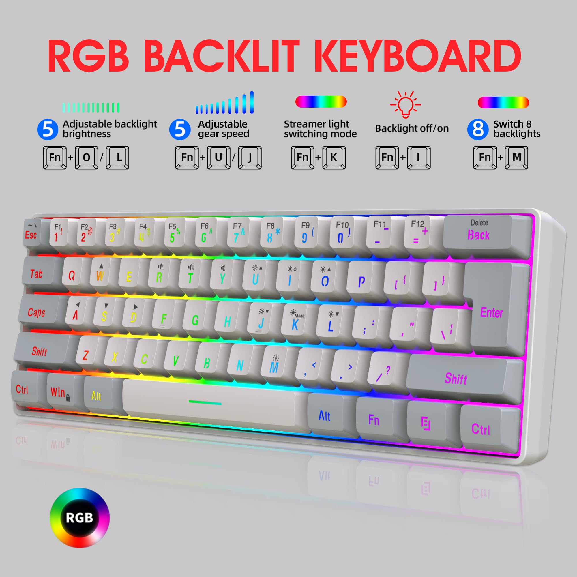 Snpurdiri 60% Wired Gaming Keyboard, 61 Keys RGB (Grey-White) view 2