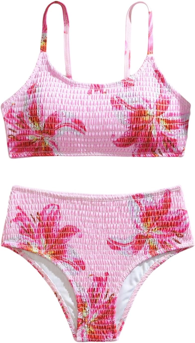 WDIRARA Girl's Floral Swimsuit Smocked High Waisted Bikini Set 2 Piece Bathing Suit