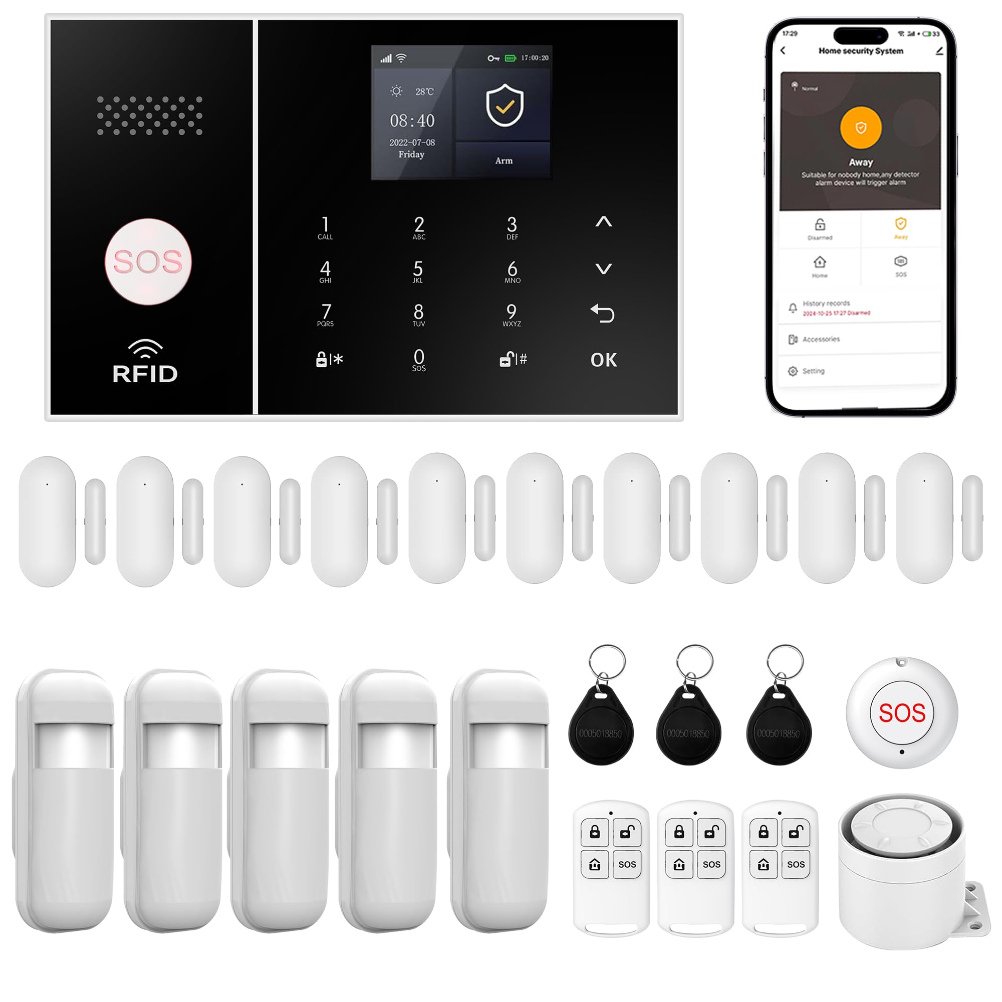 XUK Alarmanlage, kabellos, 4G/WiFi, intelligenter Sicherheitsalarm mit Tür-/Fenstersensoren, kompatibel mit Alexa/Google Home, 24 Alarme mit Sirene, 10 Fenster- und Türsensoren, 3 Fernbedienungen