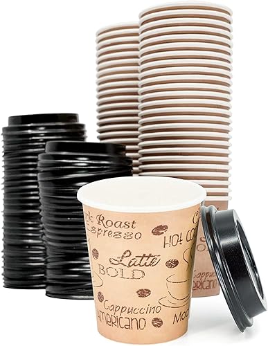 Tazas de café de papel desechables de 8 onzas con tapas negras, 50 juegos, café expreso de doble chupito para llevar, porción mediana