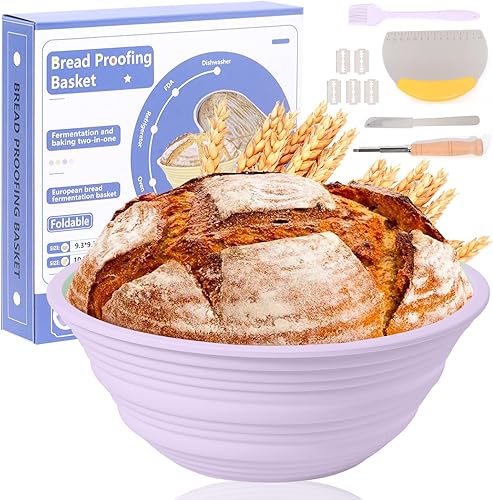 Ycgcp Banneton - Cestas de silicona a prueba de pan, 9 pulgadas, suministros plegables para hornear pan de masa madre, kit de iniciación de masa