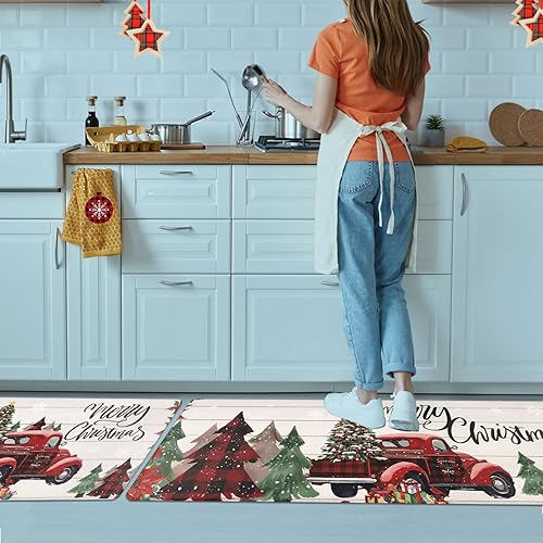 Miniatura 2 de famibay Juego de 2 alfombras de cocina de Navidad para camión, alfombrillas de cocina de Navidad para piso, acolchadas, antifatiga, tapetes de pie
