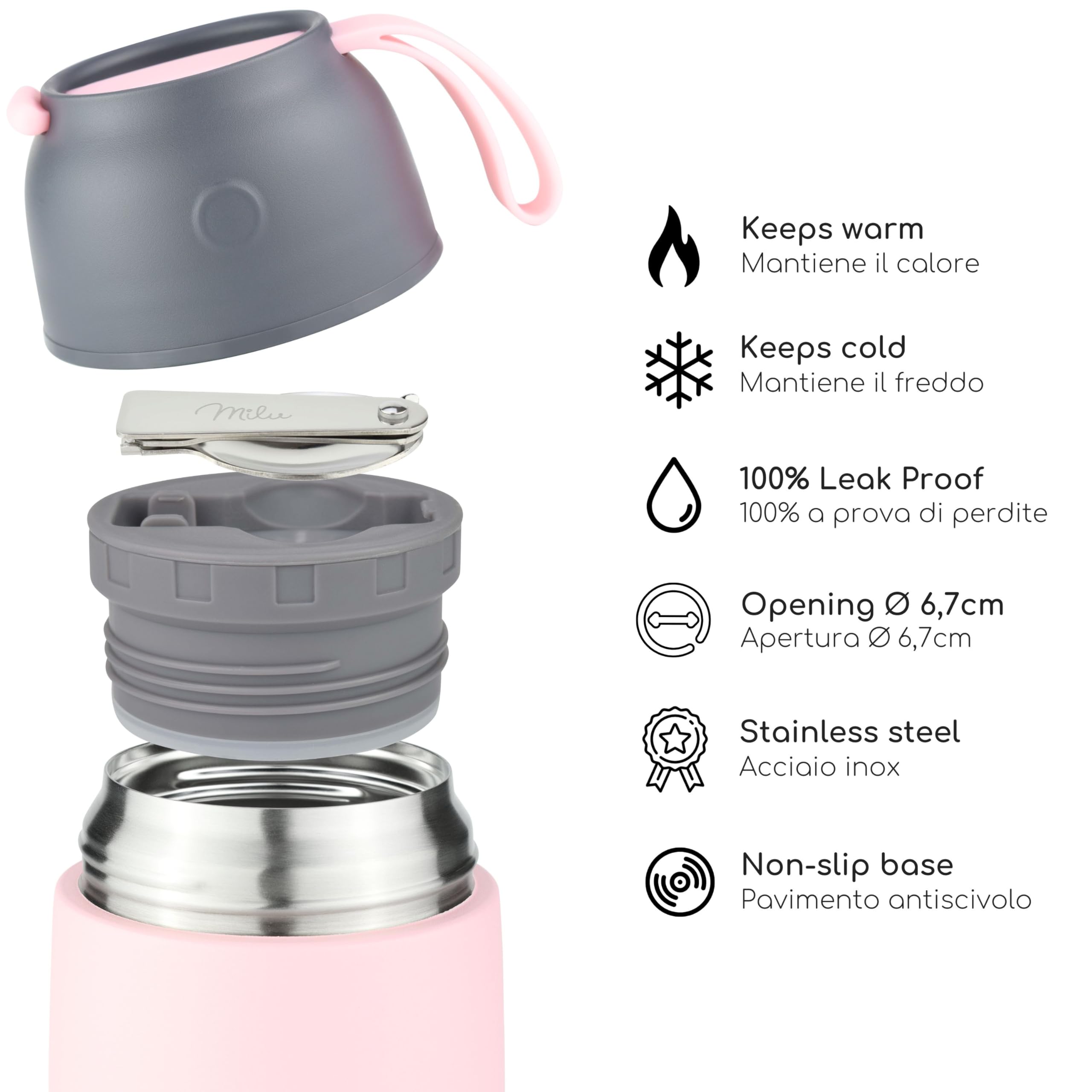 Milu Thermo per Alimenti 300ml 440ml 450ml 650ml 800ml I Contenitore Termico di Acciaio Inossidabile, Isotermico Sottovuoto per Cibi Caldi e Freddi (Rosa, 450ml)