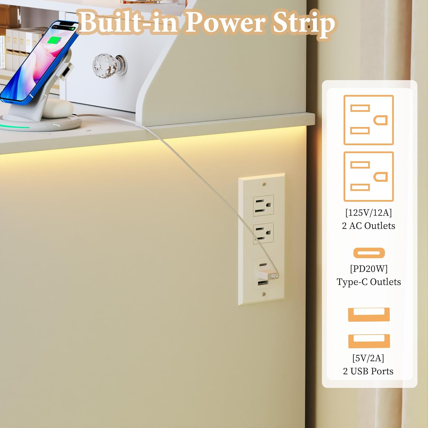 Vanity Desk with Mirror & Lights, 42‘’ Large Makeup Vanity with 2 RGB Jewelry Cabinets & 7 Drawers, White Vanity Table Set with Charging Station, Dressing Table with Lights Desk, 3 Light Modes