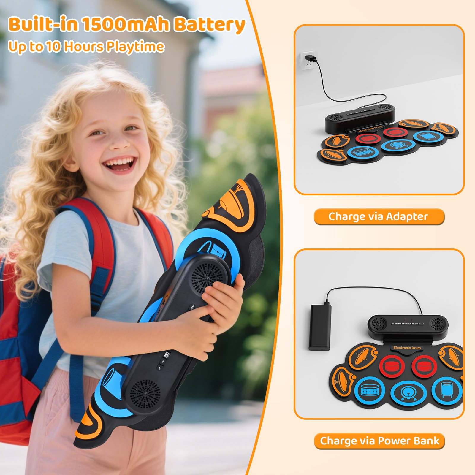 Schlagzeug Elektronisch Kinder, 9-Pad Elektronisches Schlagzeug Set, E-Drum Set mit 2 Pedalen, Dual-Lautsprecher & Sticks, Kopfhörer/Bluetooth/MIDI Unterstützung, Geschenk für Kinder & Anfänger