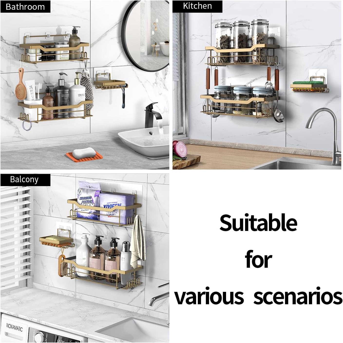 Shower Caddy Shelves Organizer Rack, 3 Pack Shower Caddy with Soap Holder,No Drilling Wall Mounted Self Adhesive Shower Shelves for Inside Shower,Matte Gold