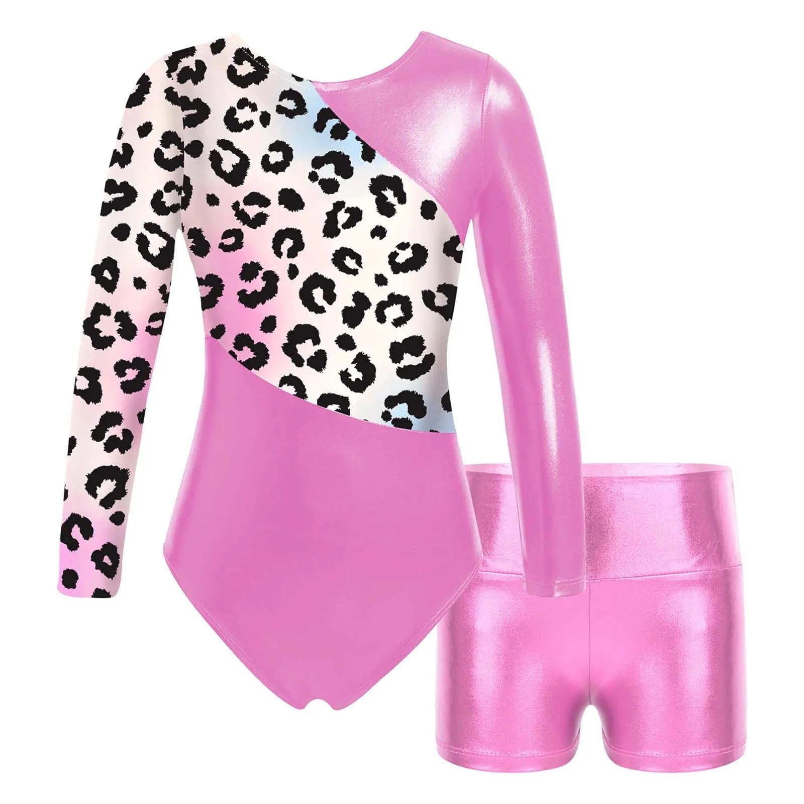 Maillot Gimnasia Ritmica Body de Leotardos de gimnasia for niñas, conjunto de baile de Ballet de manga larga bronceado, mono de entrenamiento de patinaje artístico con pantalones cortos(Blue,6)