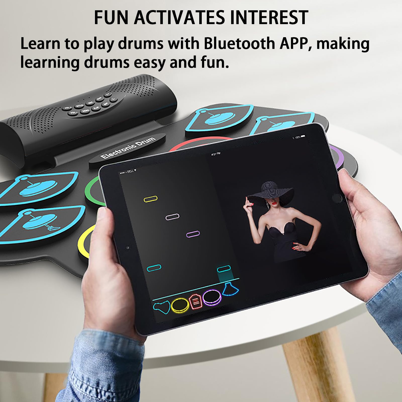 Batería Electrónica Bluetooth Portátil, Batería De Práctica Para Principiantes, 9 Pads De Batería + Tecnología MIDI Conectada A La Aplicación + Grabación De 1 Botón + Amplificador Externo ,Black