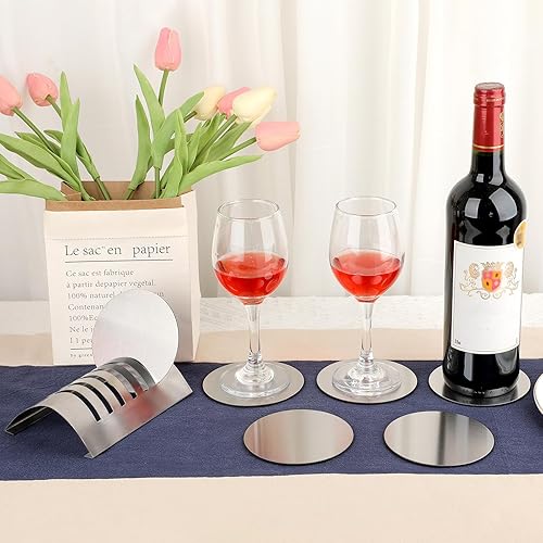 Miniatura 7 de JUXYES Juego de 6 posavasos redondos de acero inoxidable con soporte, juego de posavasos de metal plateado, impresionantes posavasos geniales para