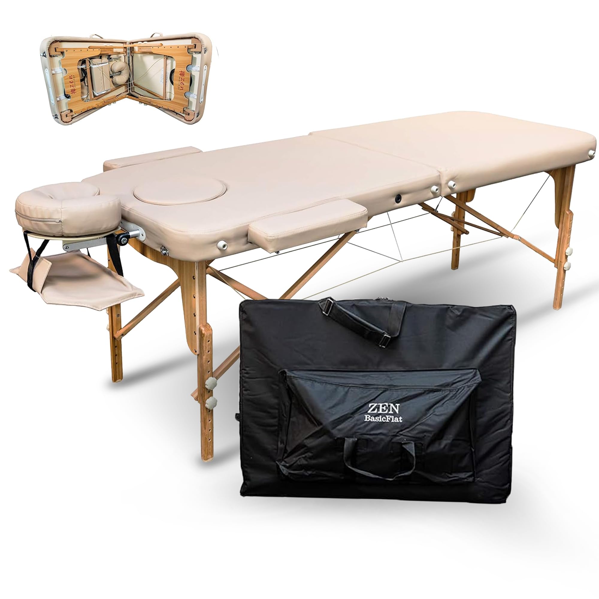 ZEN BASIC III Massageliege klappbar & mobile Massagetisch aus Holz, stabile Massagebett - Massagebank höhenverstelbar, Tattoo & Kosmetikliege, Behandlungsliege mit Kopfteil, Armstütze & Tasche (Creme)