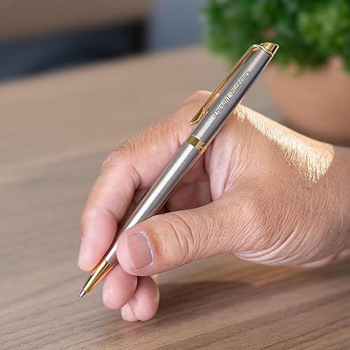 Vista 23 de Bolígrafo Waterman personalizado Bolígrafo Waterman Hemisphere grabado con acabado inoxidable cepillado y borde plateado. Bolígrafo de regalo