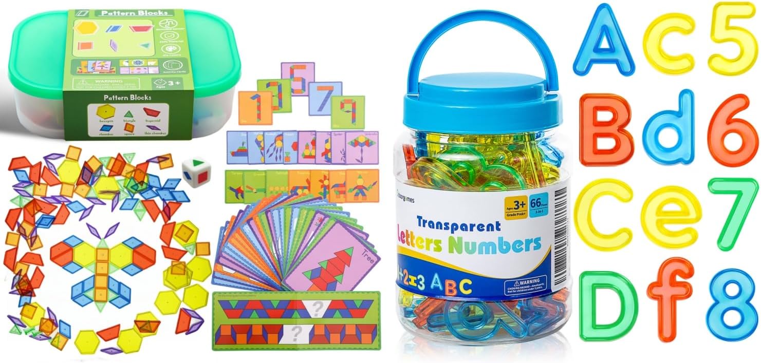 140 Pcs Translucent Pattern Blocks,Geometric Shapes - 66 Pcs Translucent Letters and Numbers – Light Table Manipulatives
