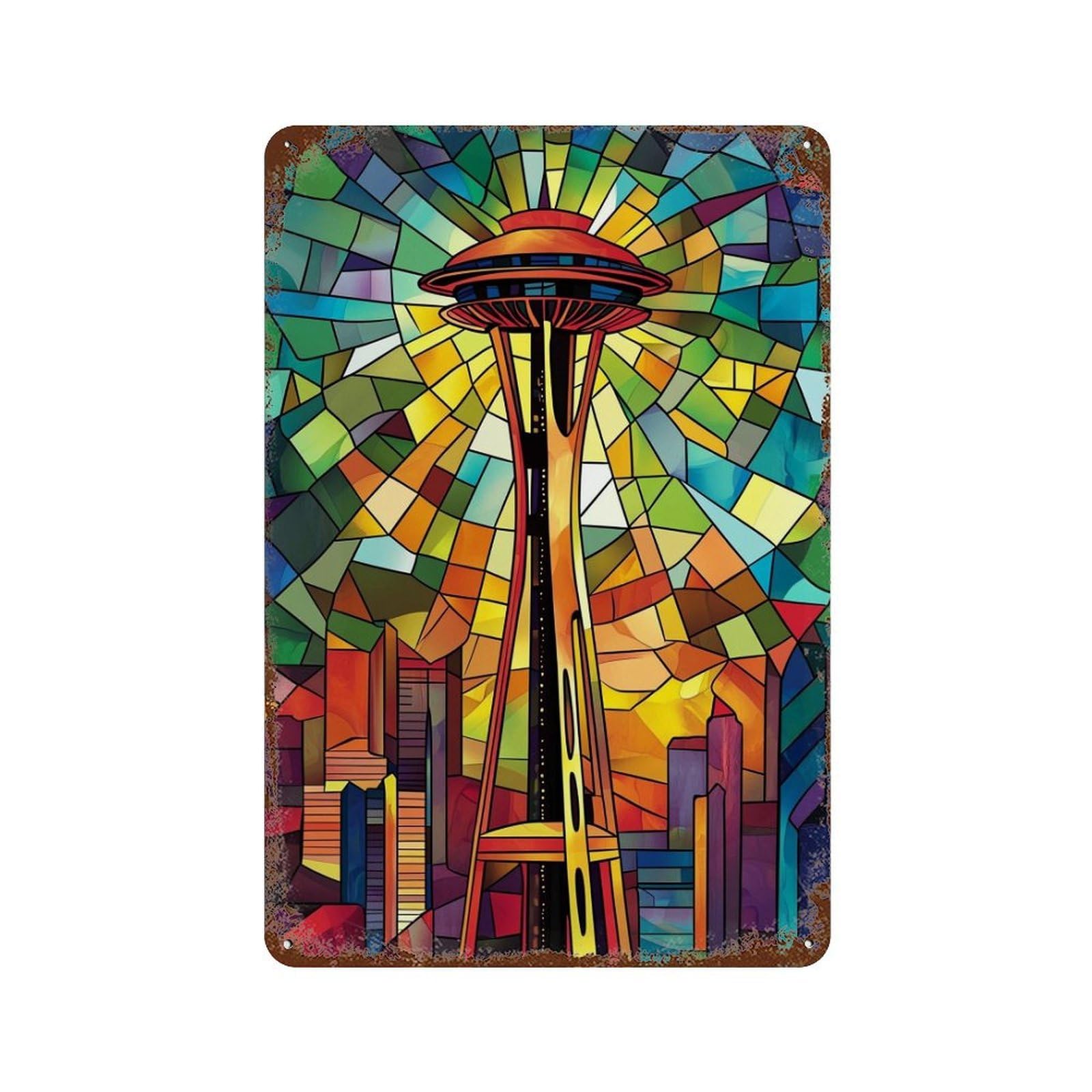 Rust Effect Stained Glass Seattle Skyline-1 Vintage Metal Tin Sign 11.8"x7.9", Farmhouse Wall Decor for Garage, Bar And Workshop Decor