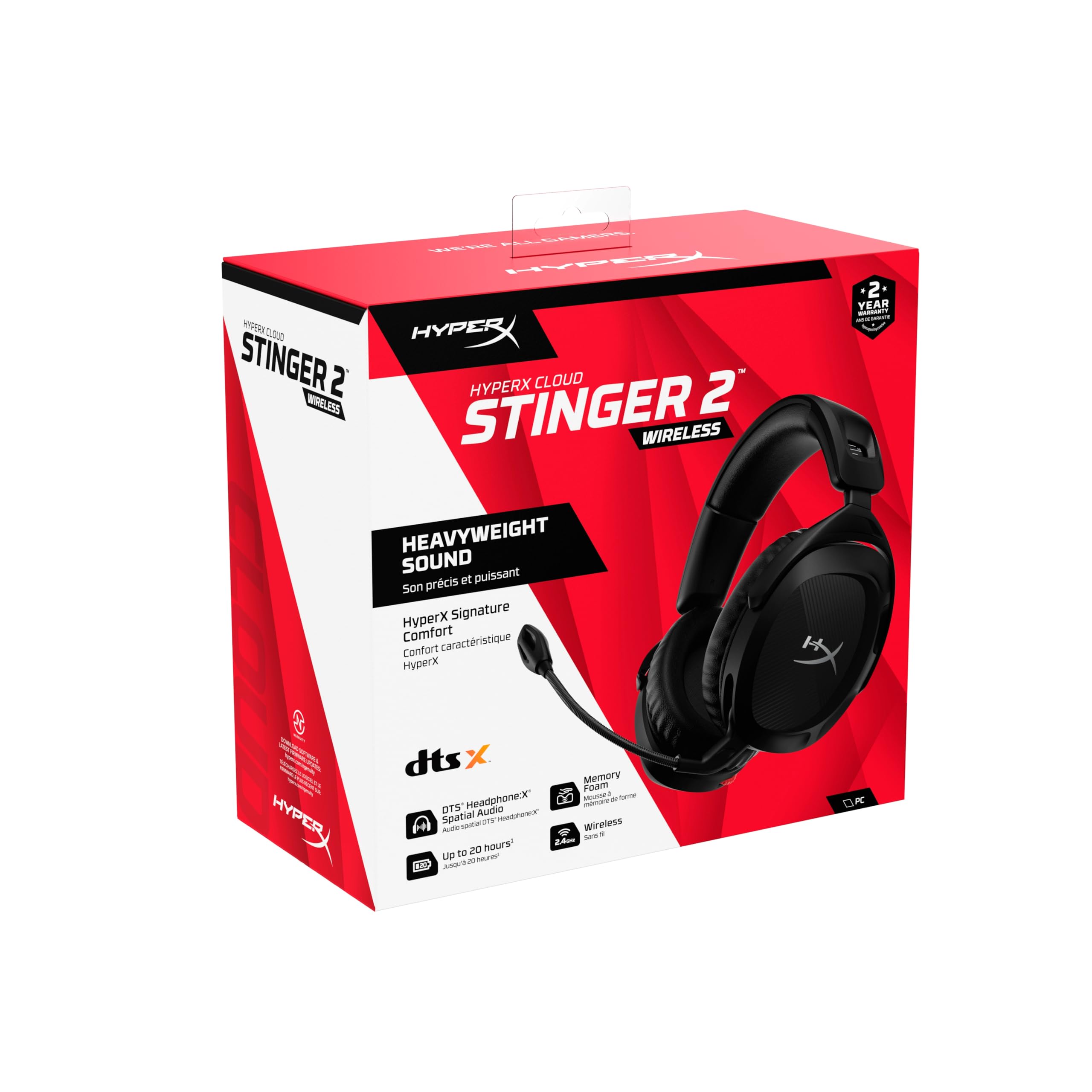 HyperX Cloud Stinger 2 - Casque de Jeu sans Fil - Compatible PC. Microphone pivotant avec Coupure Audio Automatique, Mousse à mémoire de Forme Confortable, 20 Heures Maximum d’autonomie
