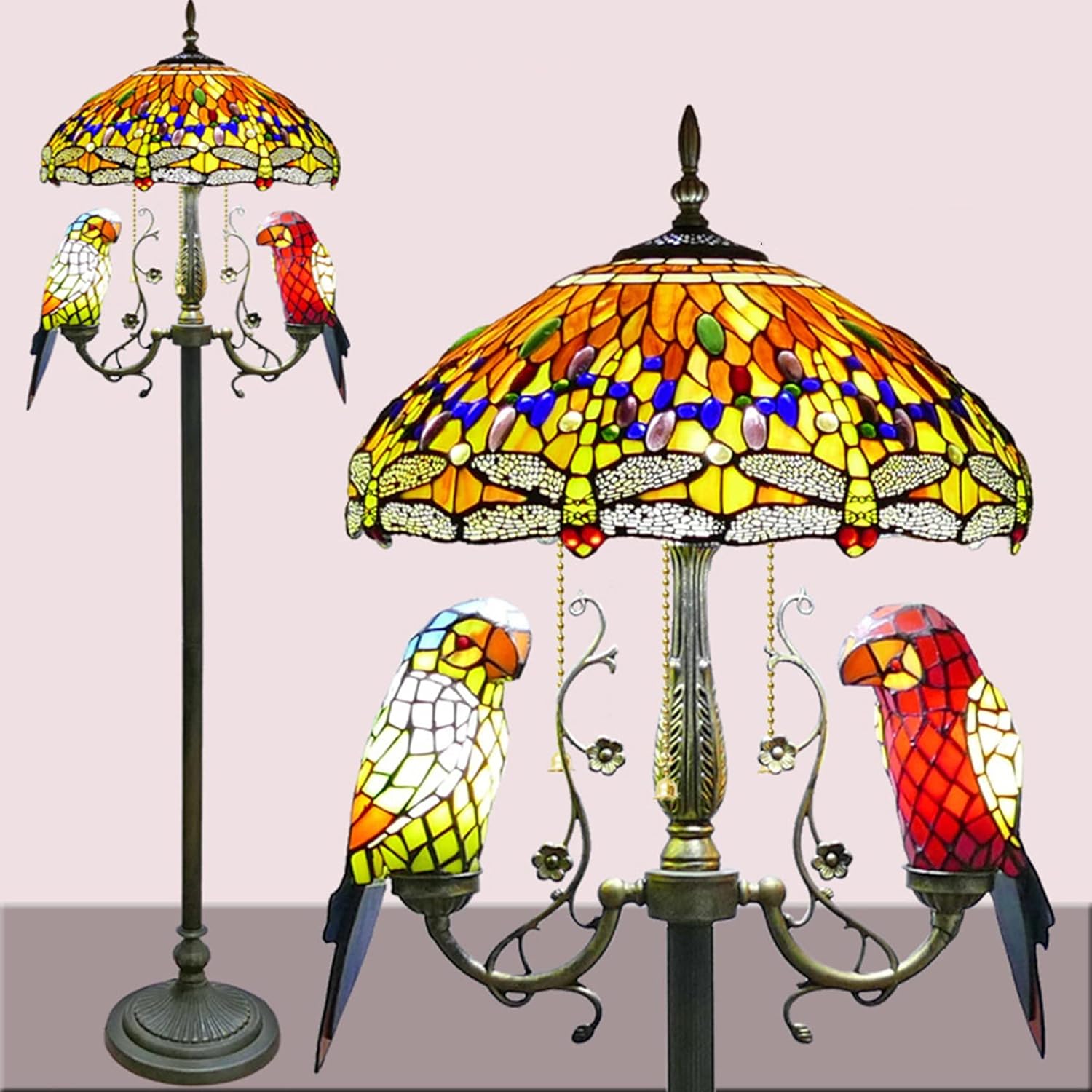 Parrot Floor Standing Lamp Tiffany Style 64 Inch Tall Stained Glass Shade Crystal Bead Dragonfly 5 Light Reading Floor Lamp for Bedroom Living Room,Orange