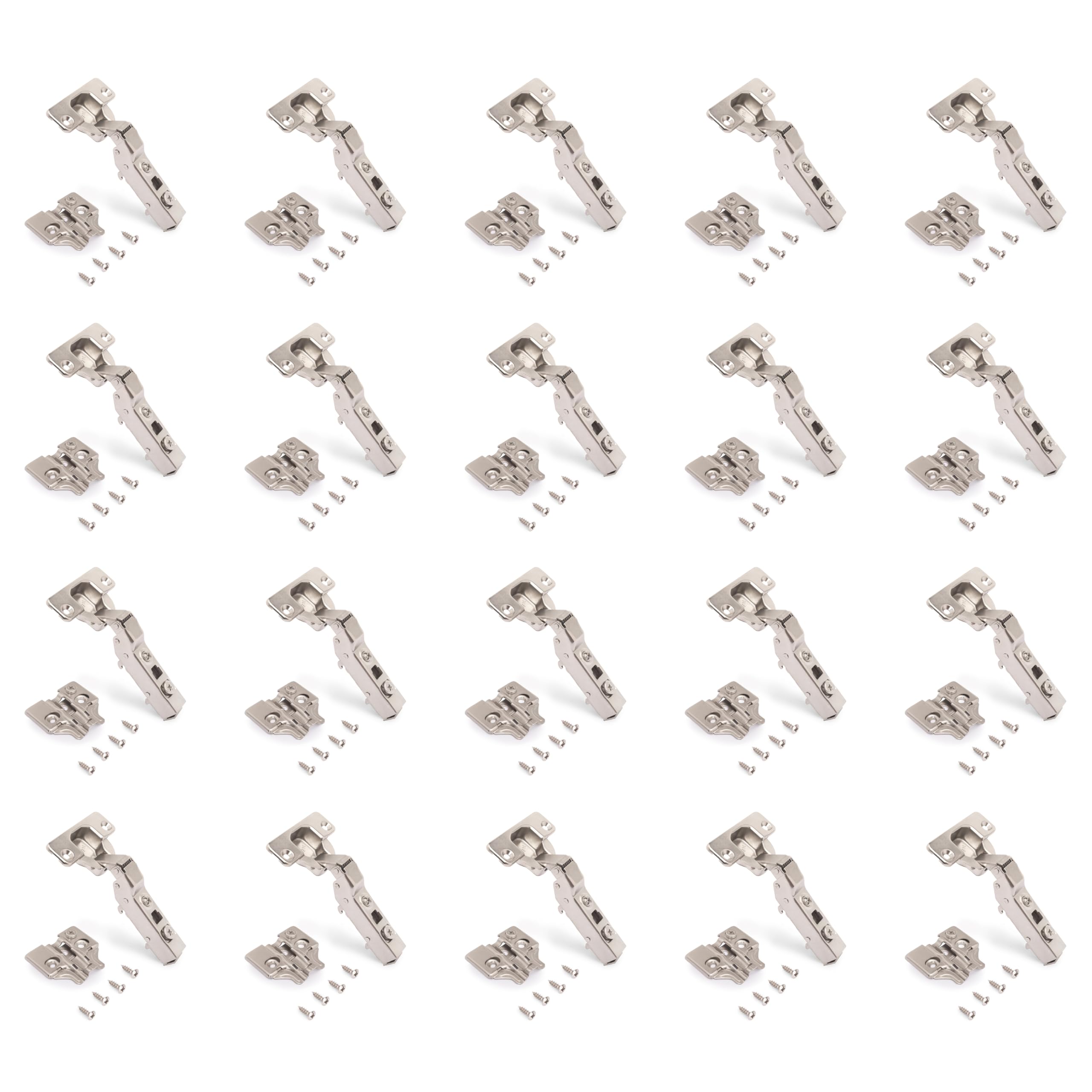 Emuca Satin Nickel - Kit Of 20 Half Overlay Hinges X91, Ø35mm, 105° Opening Angle, With Soft Closing For Half-Lap Door And Screw-On Supplements With Eccentric Adjustment.