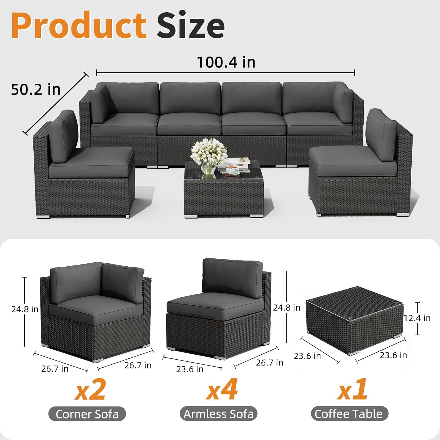 Oakcloud 7-Piece Outdoor Black Rattan Wicker Sectional Conversation Sets Patio Furniture Sofa Set with Cushions and Glass Top Table(Grey)