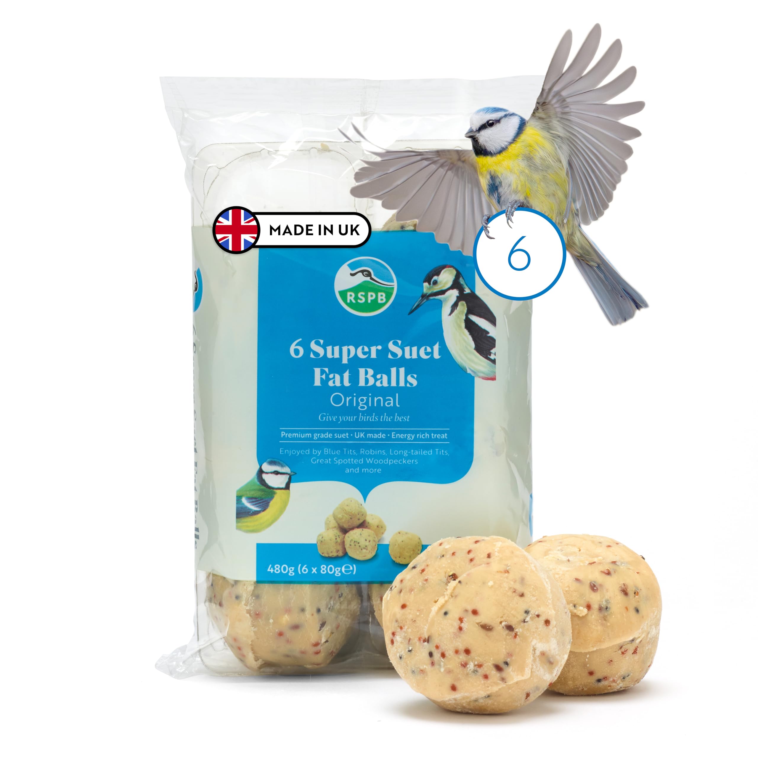 RSPB - Fat Balls, Bird Food for Outside Birds, High Energy Suet Balls, Made in the UK, Delicious and Nutritious, Suitable for Year-Round Feeding (6 Pack)