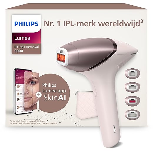 Philips Lumea 9900 Series IPL Hair Removal Device with SenseIQ and SkinAI Technology, 4 Attachments for Body, Face, Bikini Line and Underarms, Cordless, Model BRI951/00