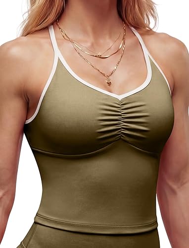 SEASUM Women's Longline Halter Workout Tank Top, Color Block Strappy Sports Vest