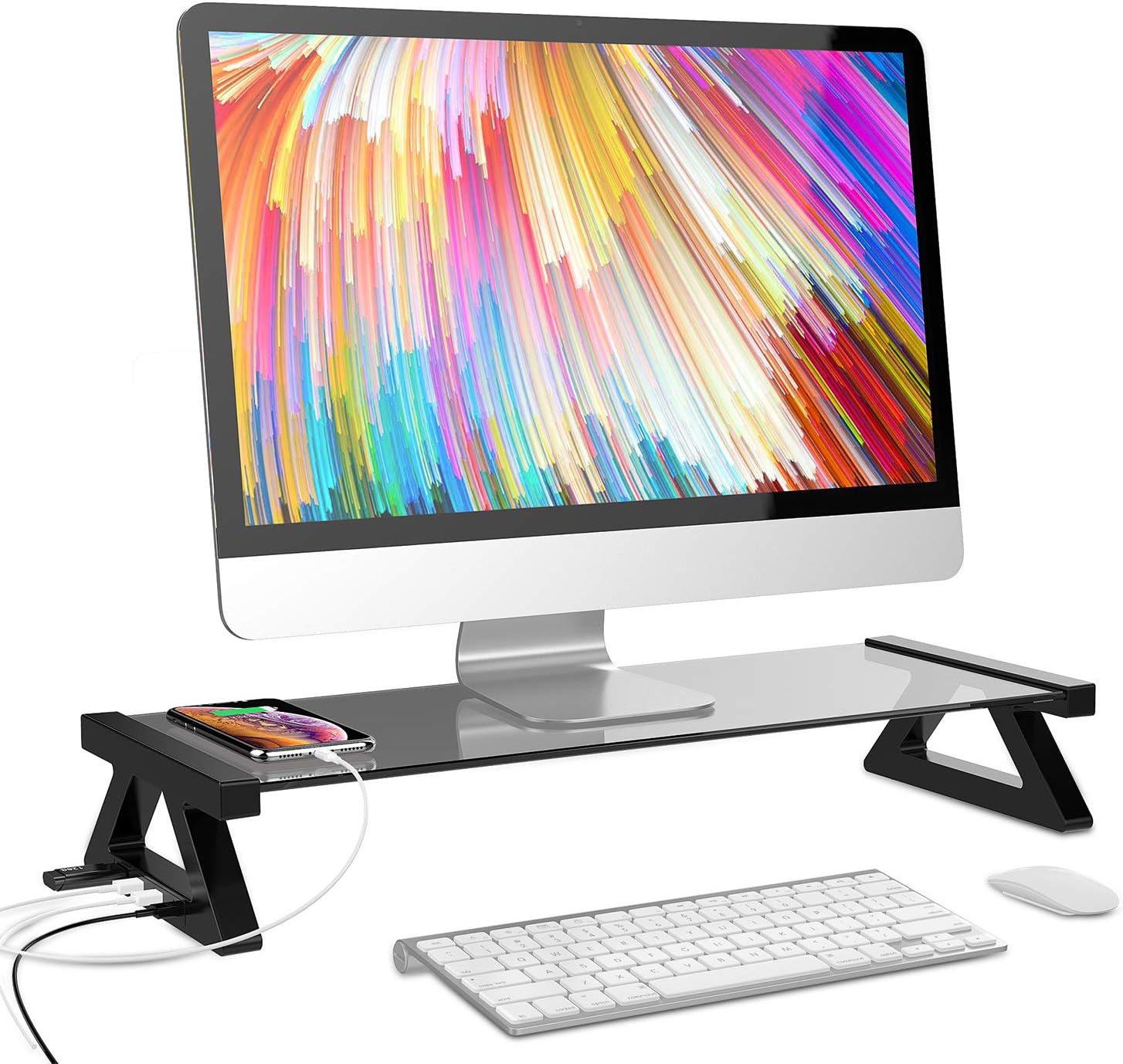 Mufti-Function USB 2.0 Monitor Stand Riser Tempered Glass Computer Screen Stand with Keyboard Storage Space, Fast Charging and External Power Supply (Gray)