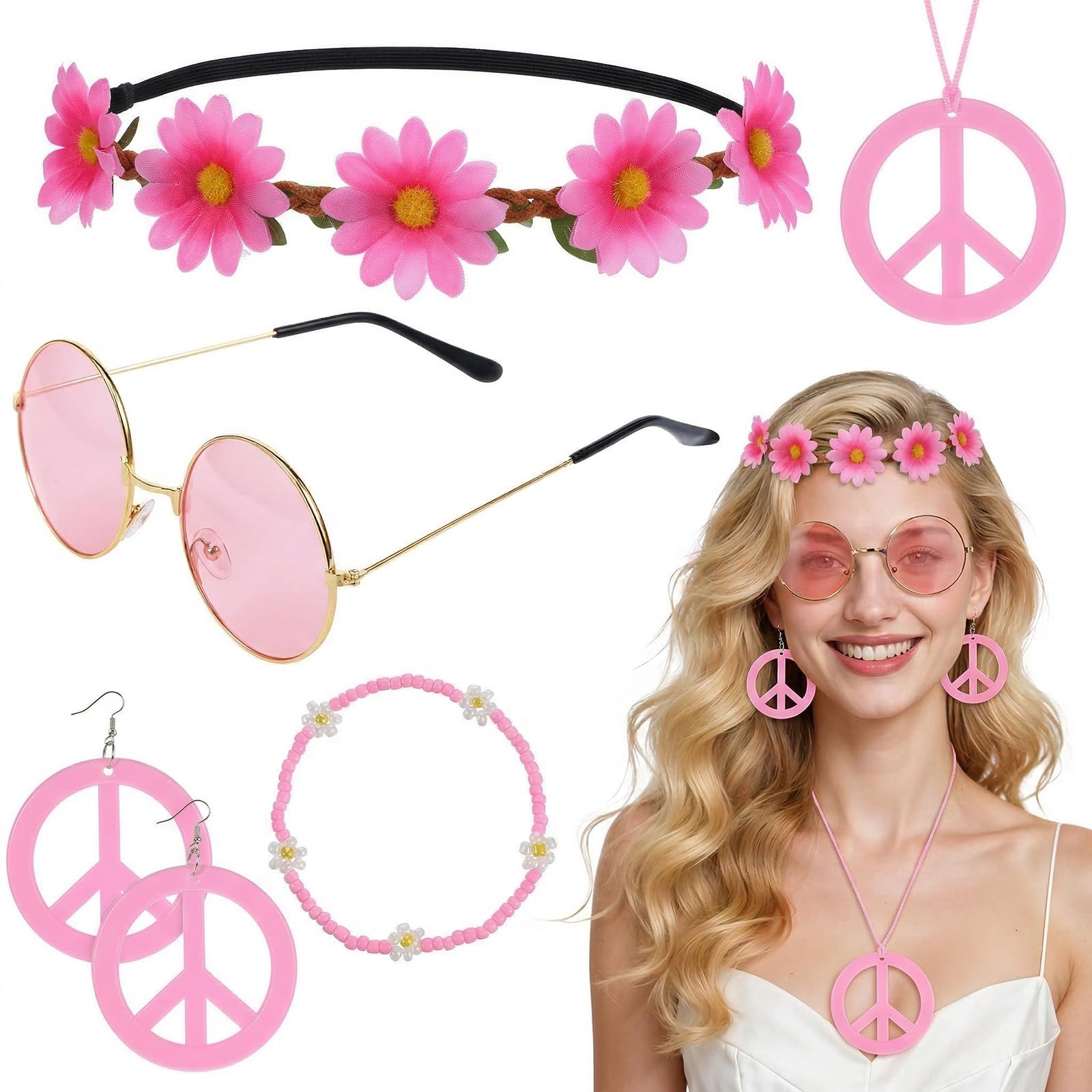 6Pcs Hippie Costume Accessories Set, Boho Peace Sign Daisy Flower Round Hippie Sunglasses and Peace Sign Necklaces and Earrings 60s 70s Party Favors Decorations for Groovy Party Girls Women — image 1