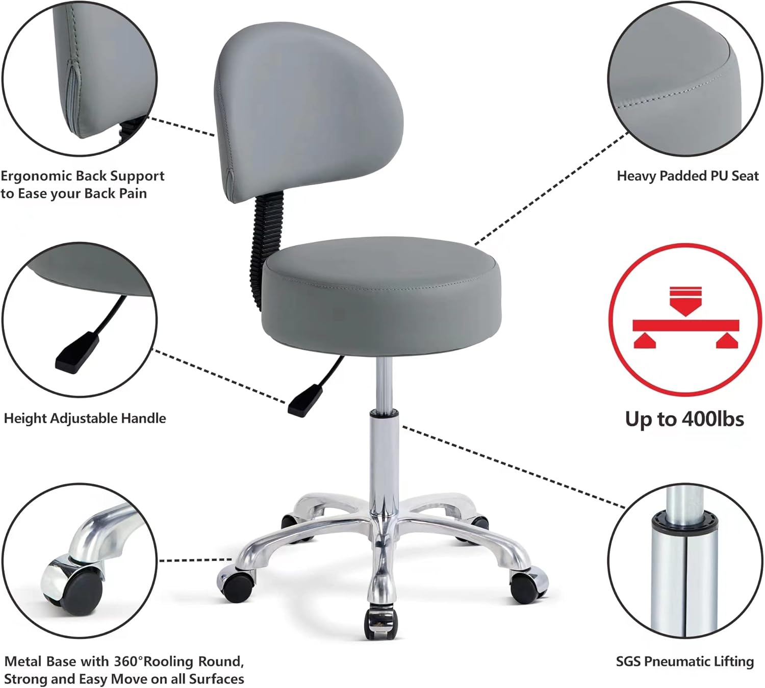 Thick Sturdy Padding with Wheels and Back Support,Swivel Rolling Stool Round Chair,Adjustable Stool for Doctor,Medical,Massage Salon,Office(with Back,Gray