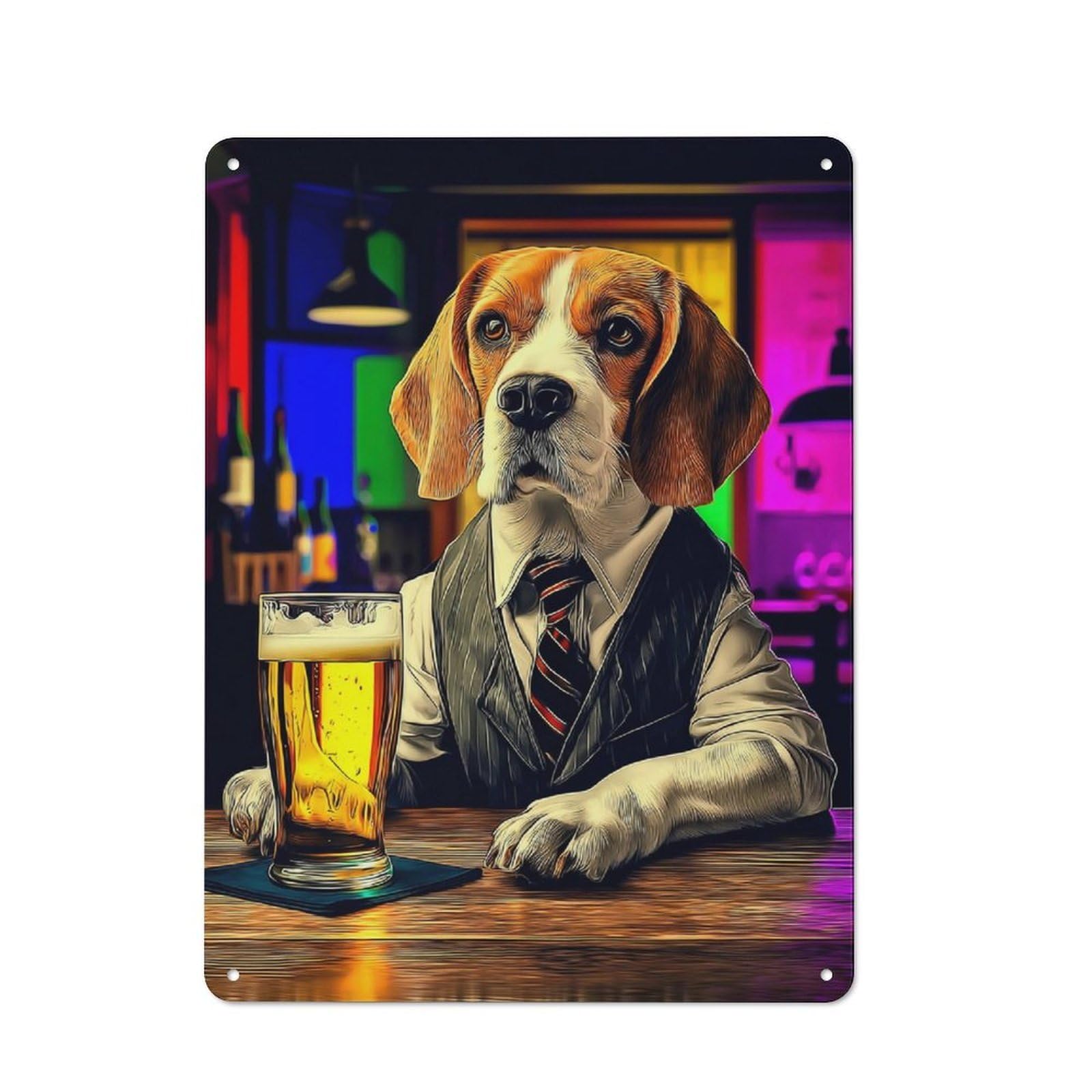 Junmoney Beagle In Suit Enjoying A Beer For Hobby Room Or Studio, Rustic Metal Sign 40X30cm, For Creative Interior Collectors Refreshing A Room In Autumn