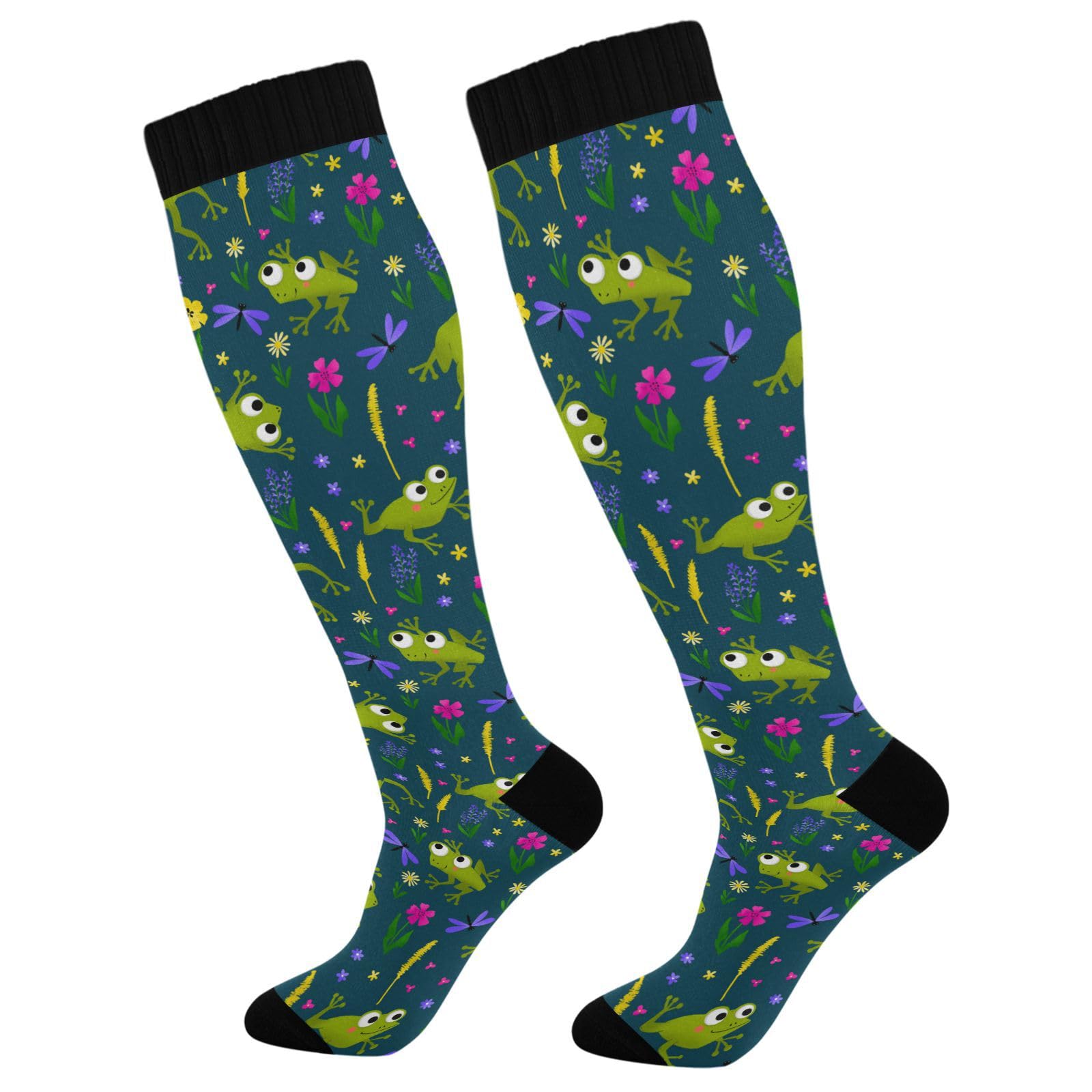 Wusikd Funny Bright Compression Socks for Women and Men Circulation Cartoon Frogs Long Socks for Athletic Running 1