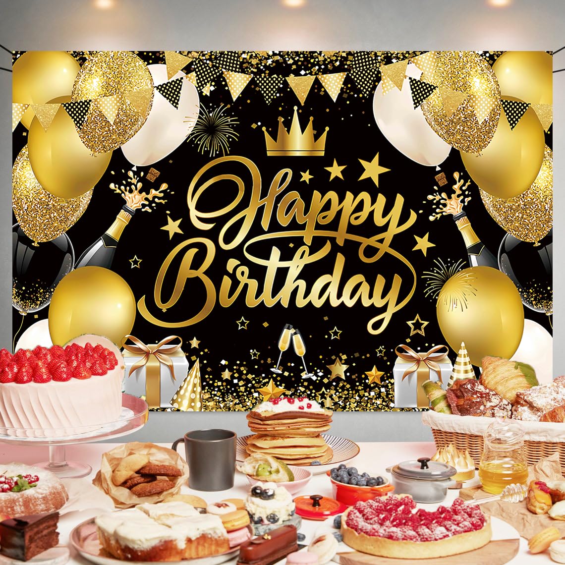Banner Compleanno Nero Oro In Tessuto 185x110 Cm – Sfondo Per Feste E Foto Con Corda Inclusa
