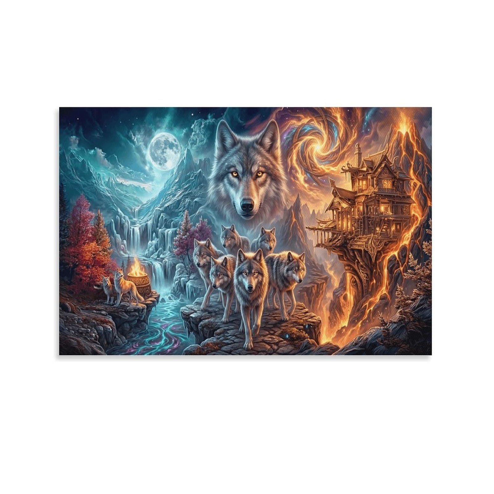 XPASHIQWC Wolf Poster Artwork Star-Moon Waterfall Valley Canvas Prints Picture Modern Wall Art Picture Wall Hanging for Bathroom Wall Decor 24x36inch(60x90cm)