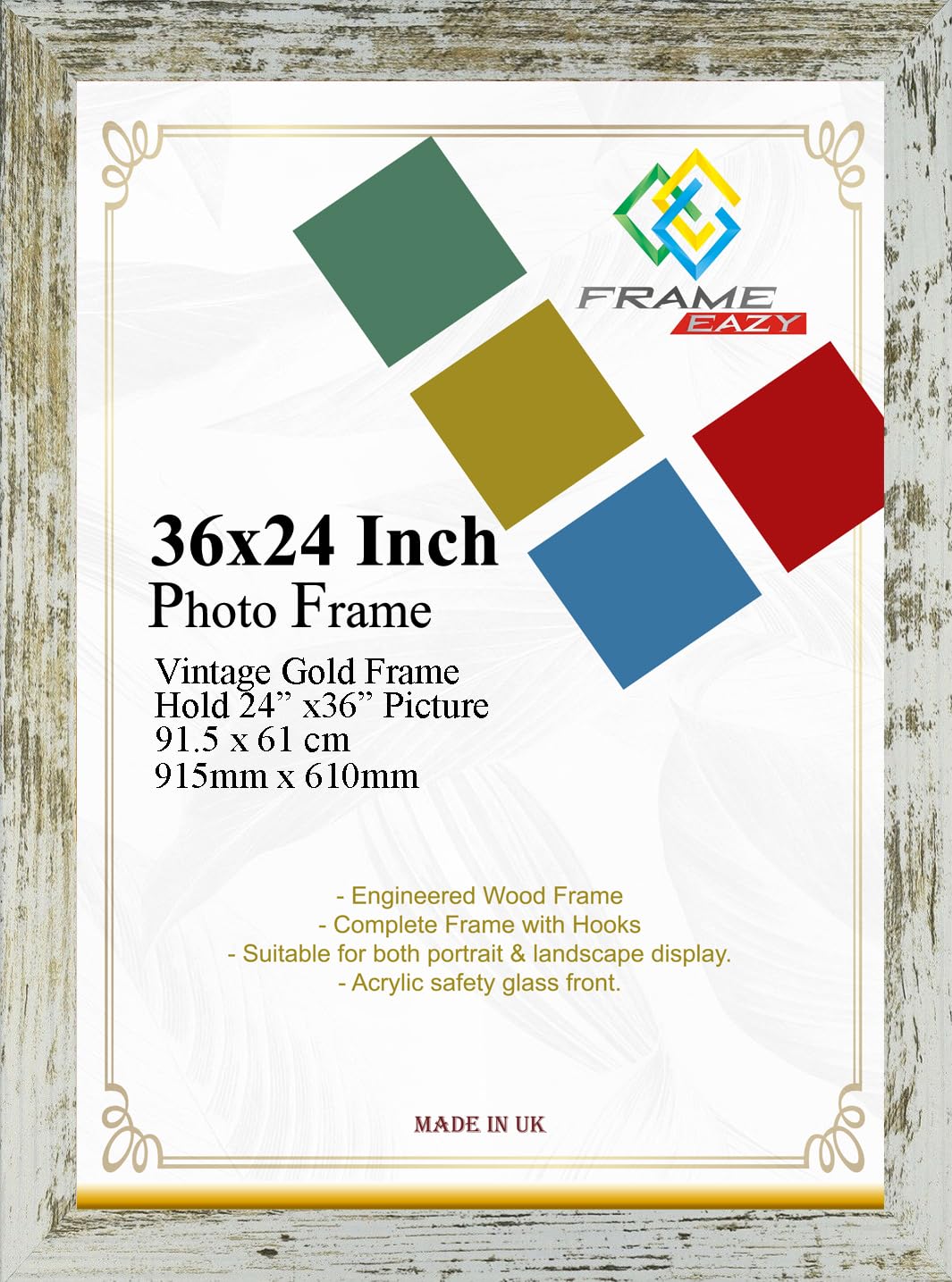 FRAME EAZY Modern Vintage Gold Maxi Poster Frame 36 x 24 Inch (61 x 91.5cm) Large Picture Frames with Safe Clear Perspex Front & Wall Mounting - 24 x 36 Premium Wall Photo Frames