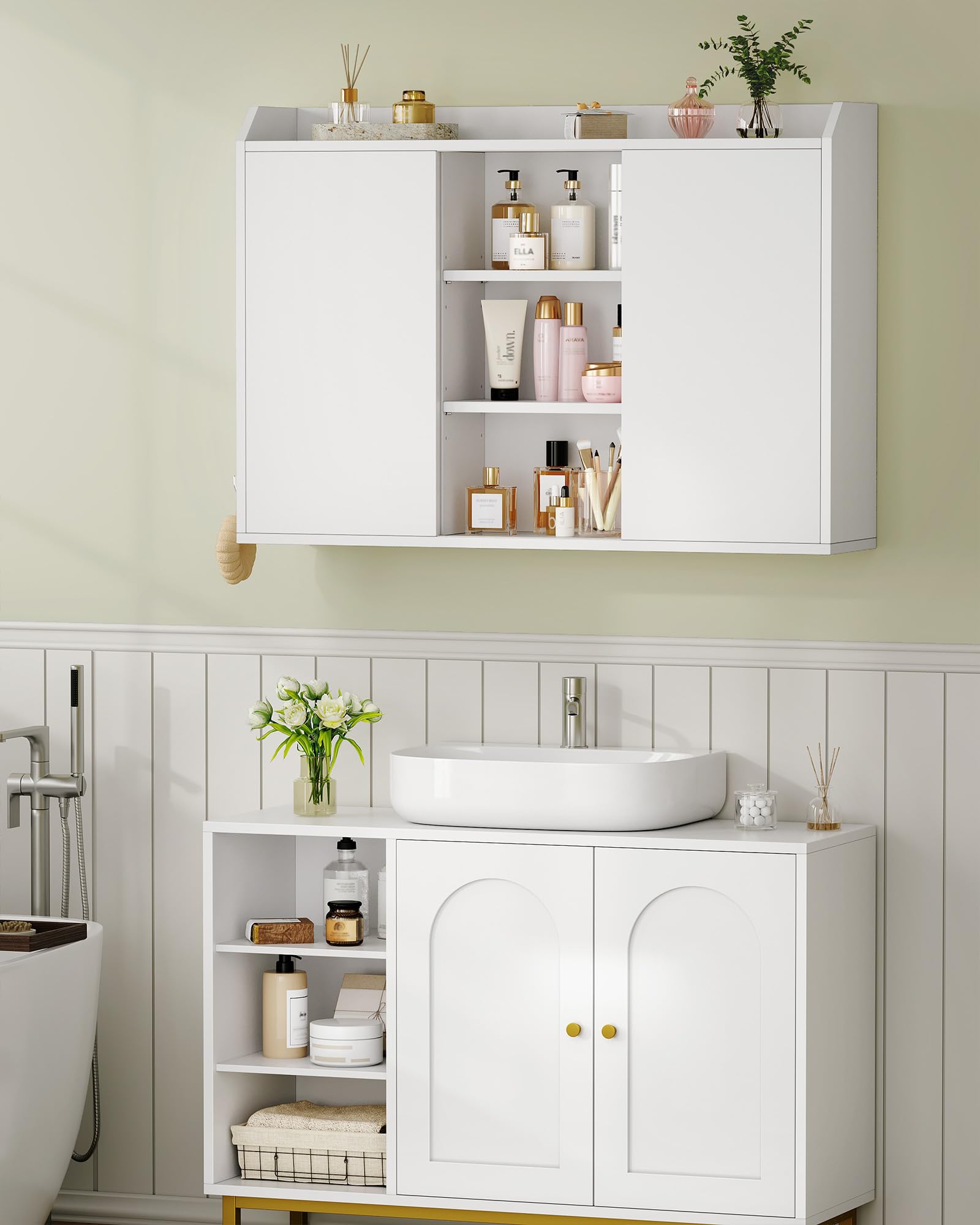 Hzuaneri Hängeschrank, Wandschrank mit verstellbaren Ablagen, mit Schiebetüren und offenen Regalen, Wandmontierter Badezimmerschrank, 20 x 90 x 60 cm, Weiß BC40203X