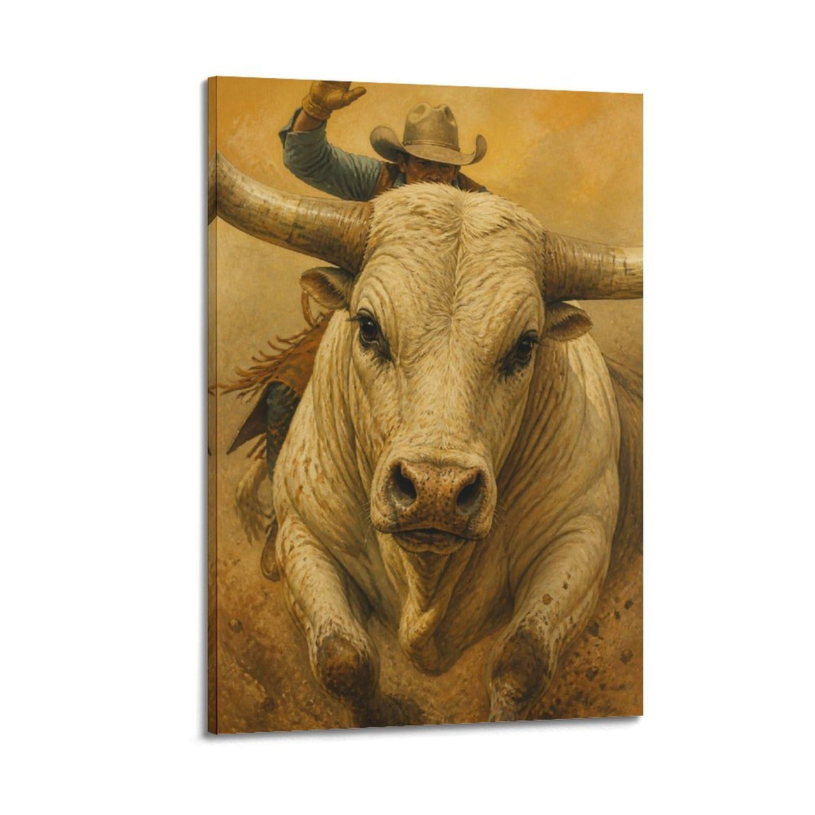 OKAHYS Cream Longhorn Rodeo Bull Rider Poster Rustic Ranch Sports Modern Decorative Canvas Prints - Ideal Wall Art for Family, Man Cave, Game Room, Boys & Girls Bedroom 12x18inch(30x45cm)